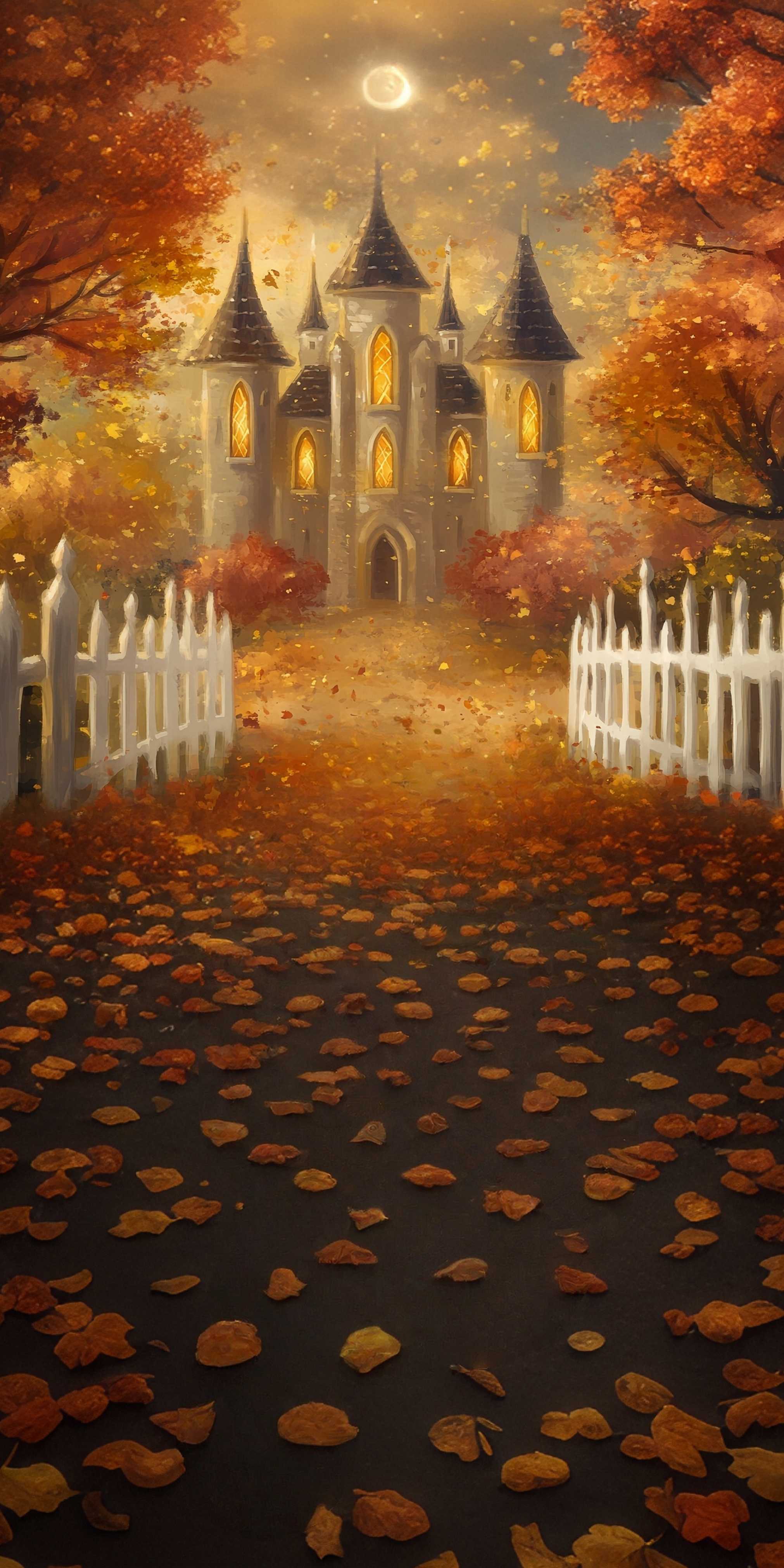 Fall Backdrops for Photography Autumn Castle Moonlit Leaves Sweep Backdrop MRR8-76