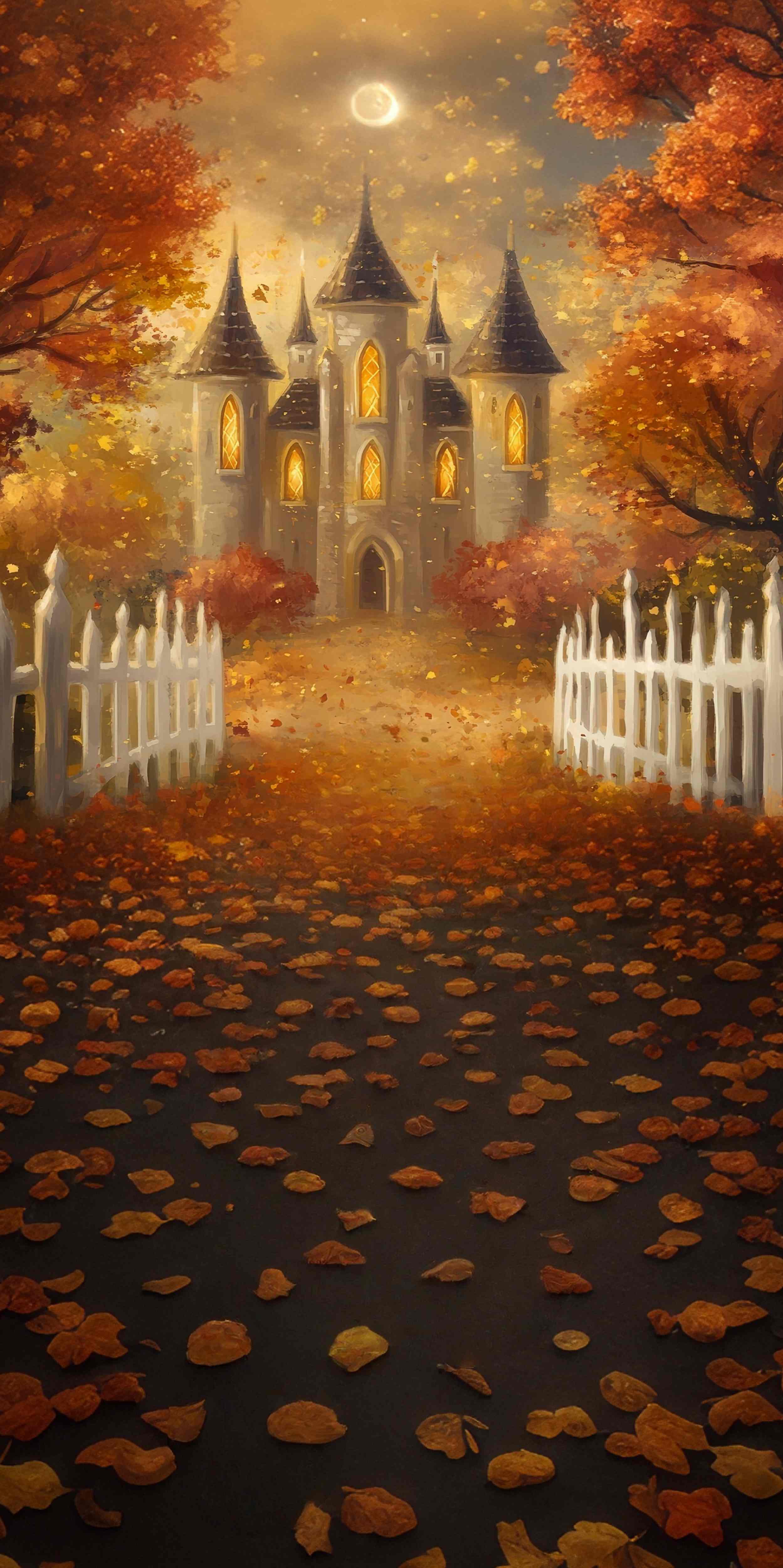 Fall Backdrops for Photography Autumn Castle Moonlit Leaves Sweep Backdrop MRR8-76