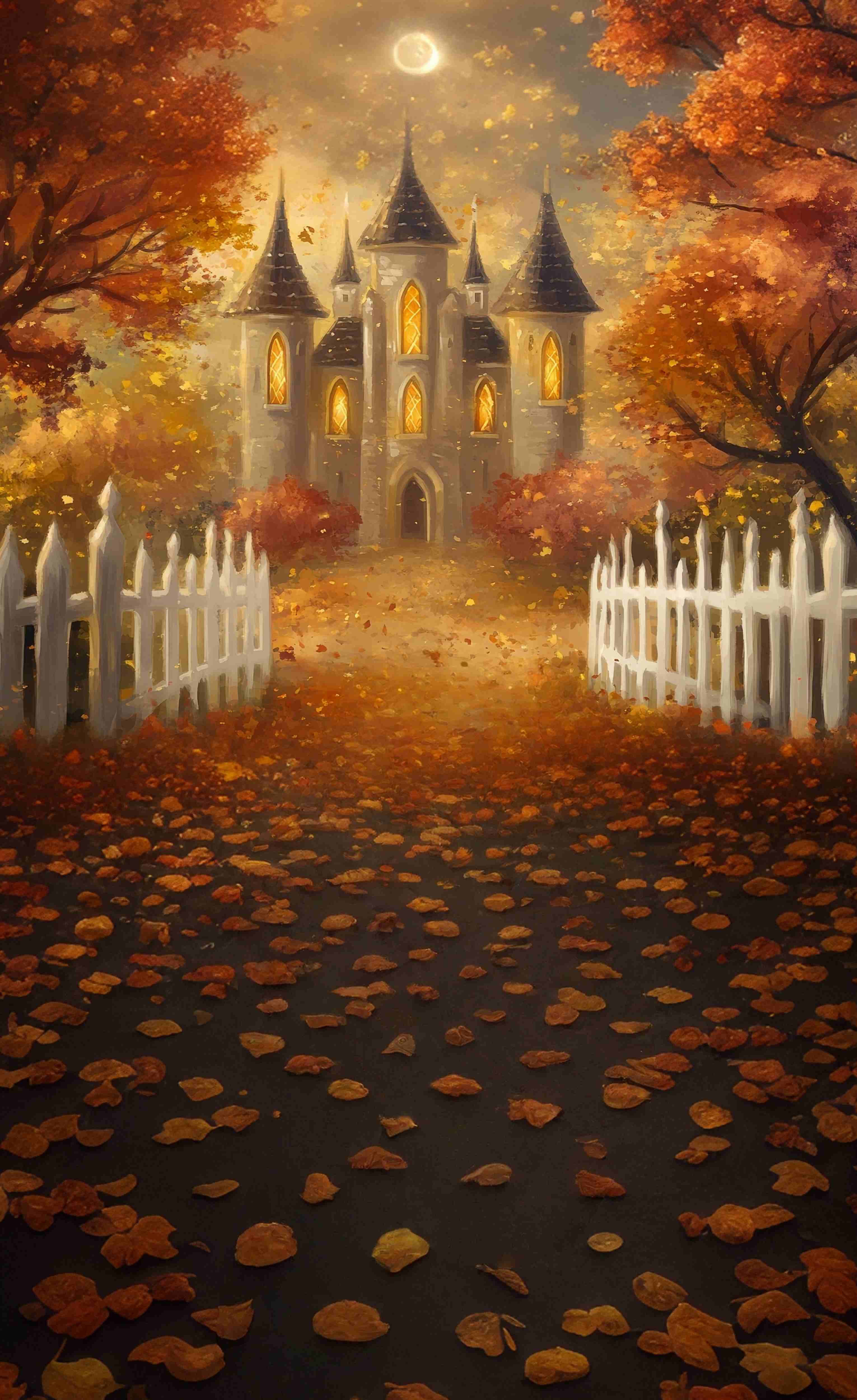 Fall Backdrops for Photography Autumn Castle Moonlit Leaves Sweep Backdrop MRR8-76