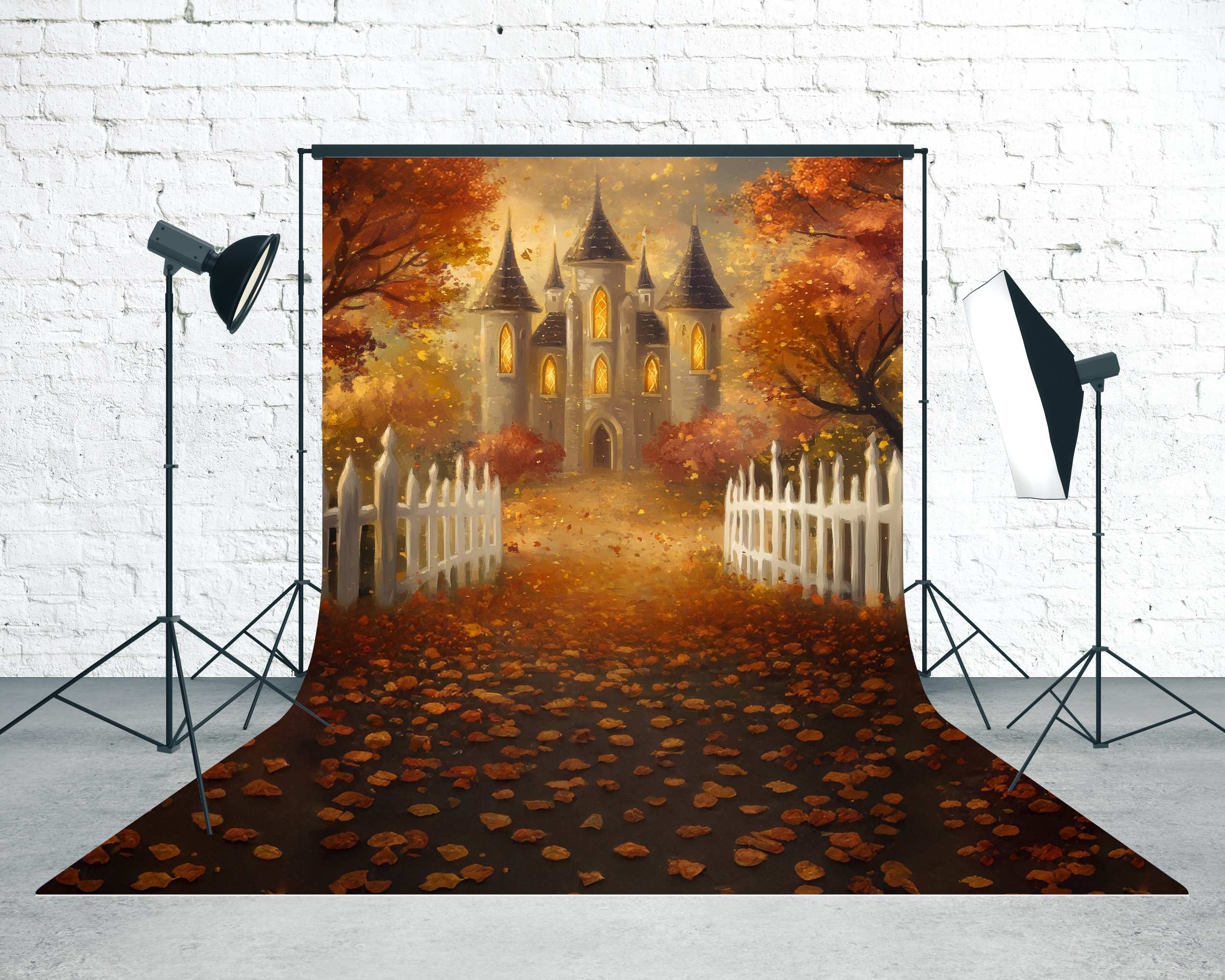 Fall Backdrops for Photography Autumn Castle Moonlit Leaves Sweep Backdrop MRR8-76