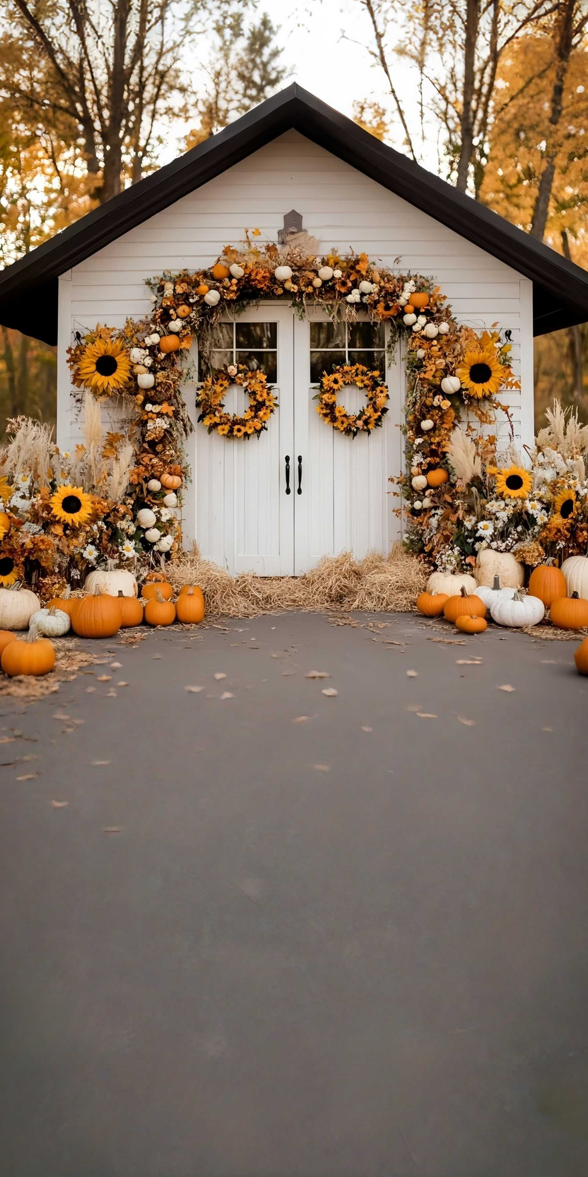 Fall Backdrop for Pictures Sunflower Pumpkin Cottage Porch Sweep Backdrop MRR8-79