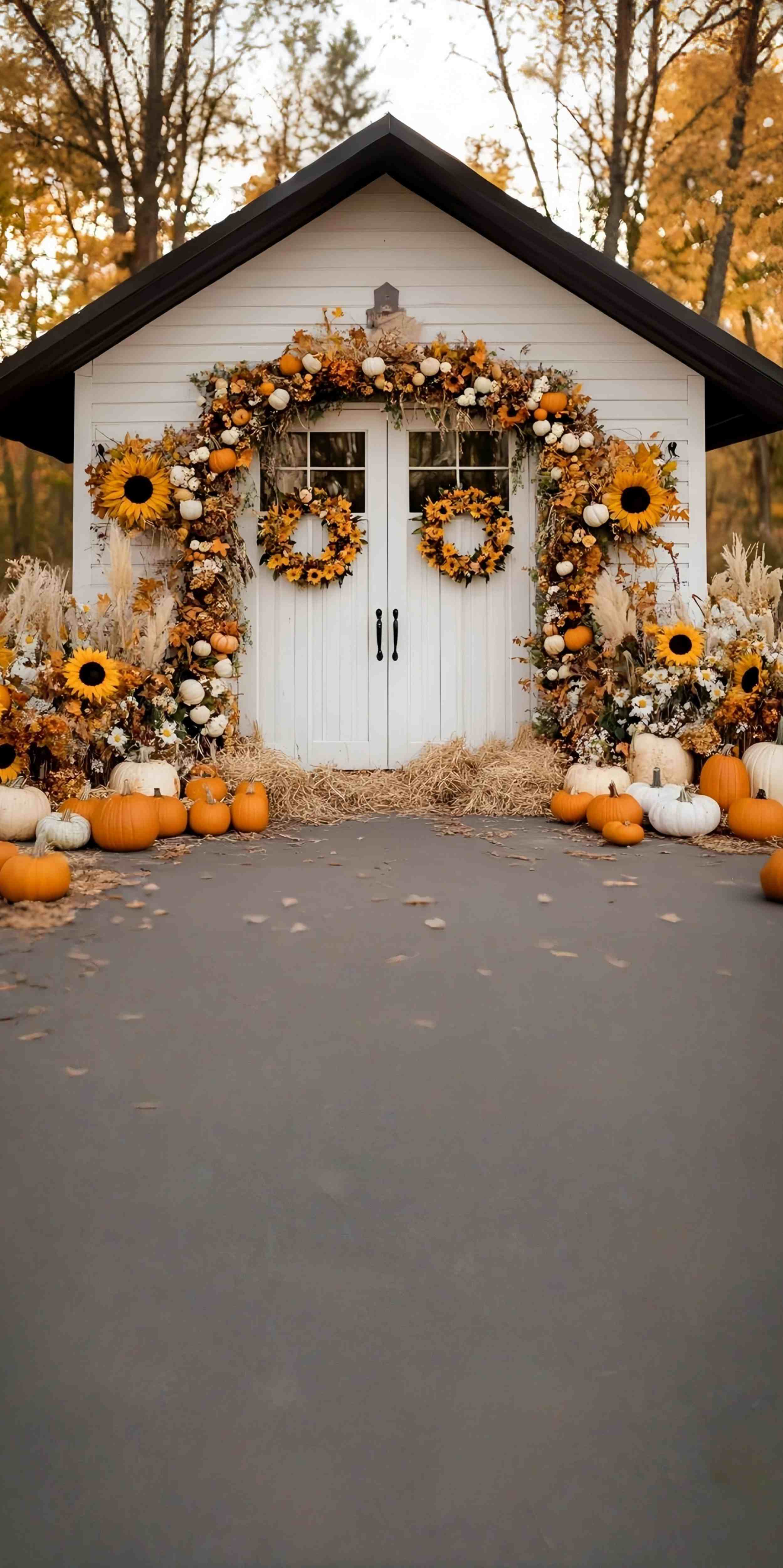 Fall Backdrop for Pictures Sunflower Pumpkin Cottage Porch Sweep Backdrop MRR8-79