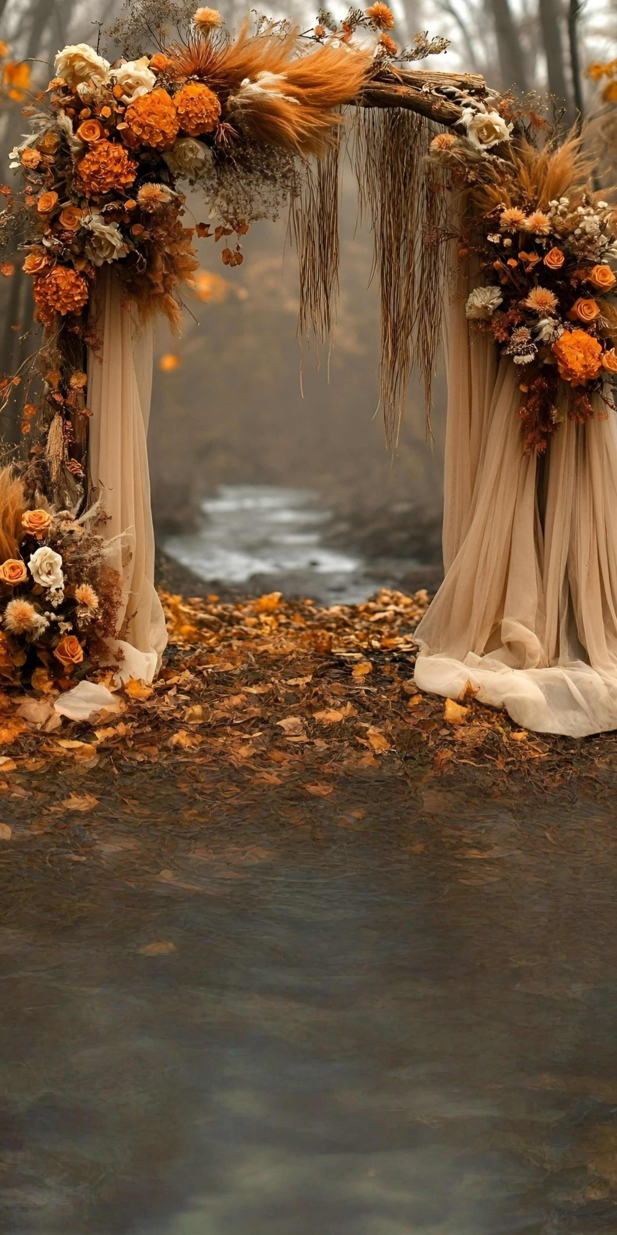 Fall Photography Backdrops Rustic Autumn River Arch Romance Sweep Backdrop MRR8-81