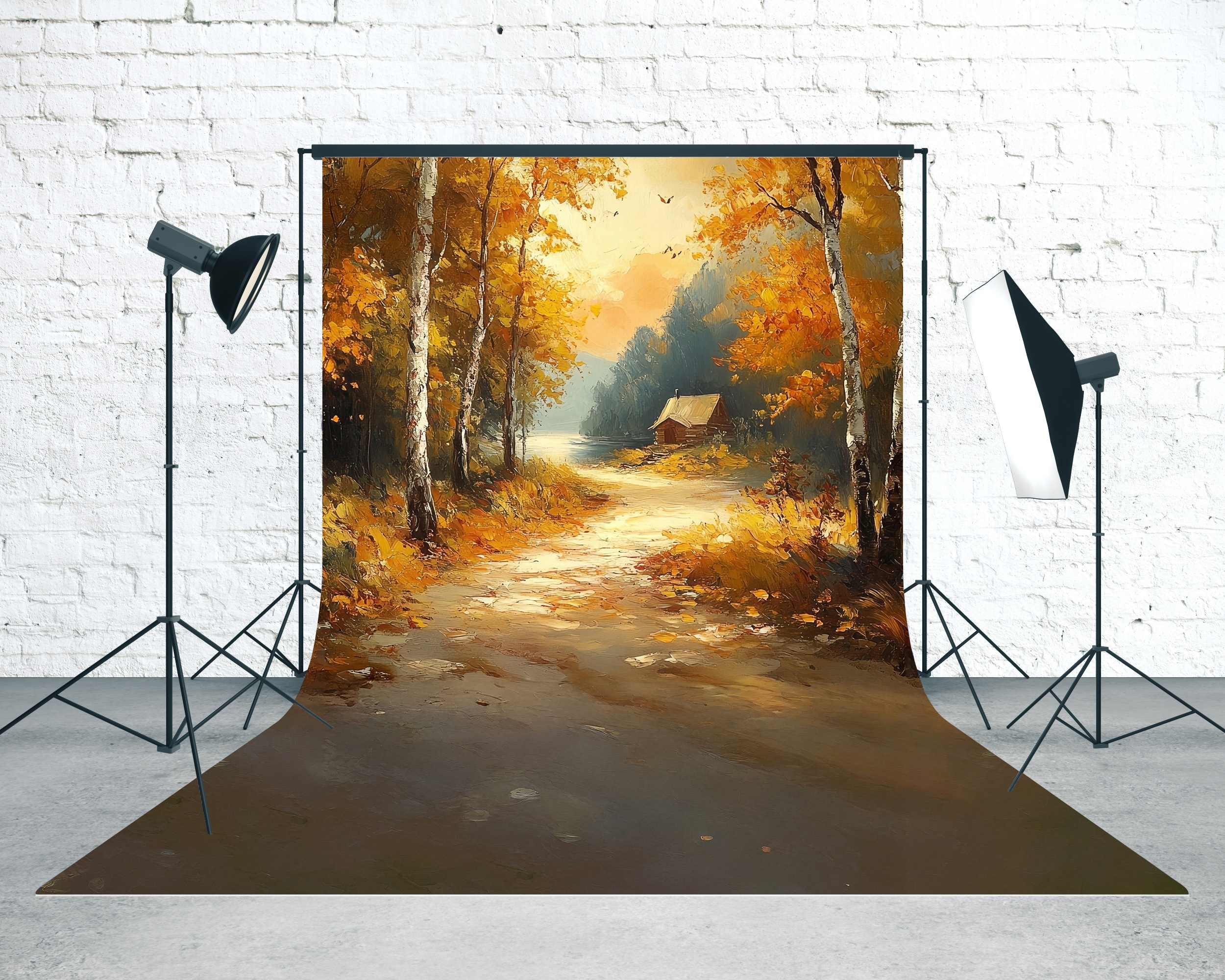 Fall Backdrop for Photos Autumn Cabin Riverbank Sweep Backdrop MRR8-85