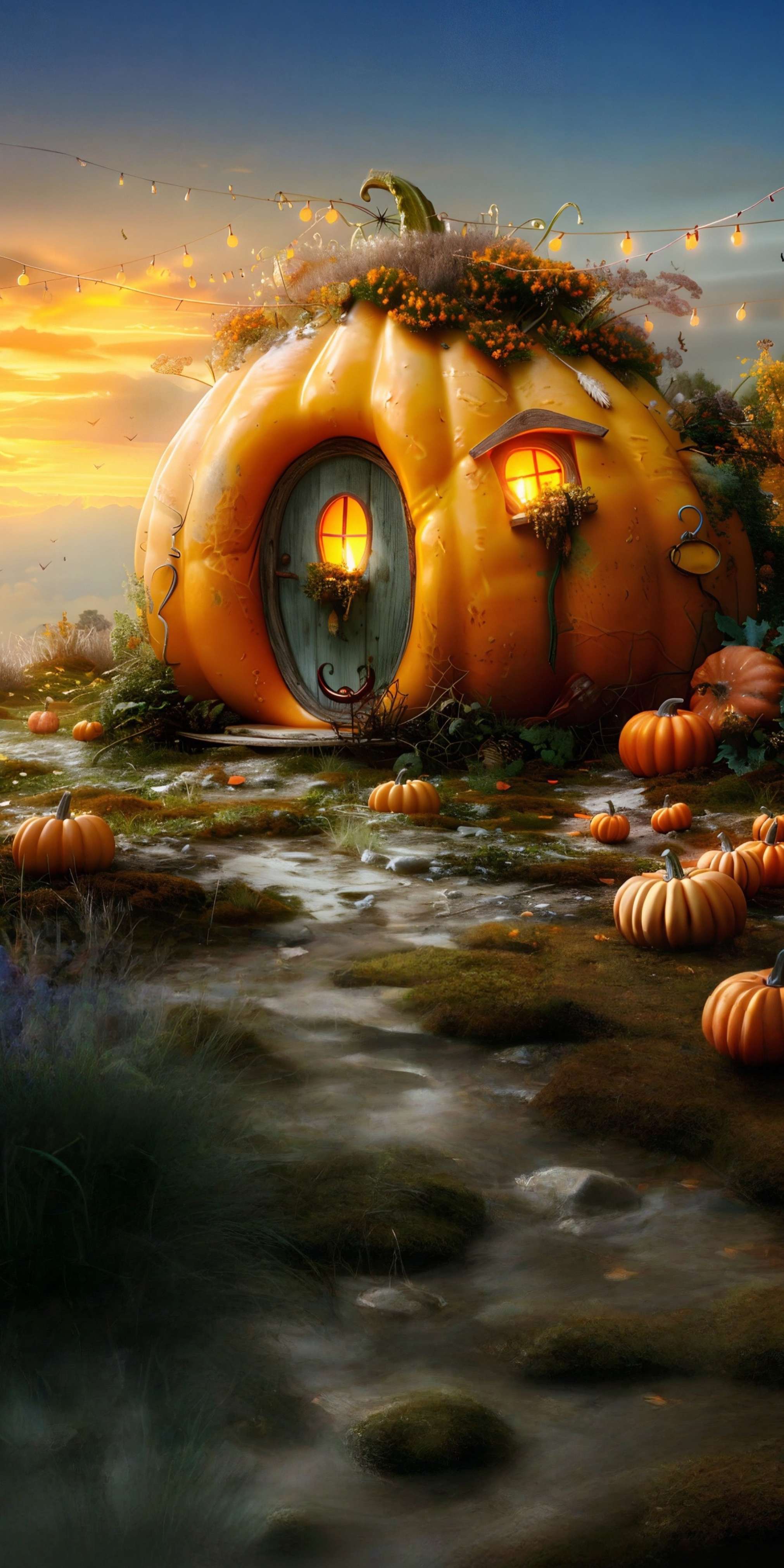 Autumn Photo Backdrop Whimsical Pumpkin Cottage Path Sweep Backdrop MRR8-88