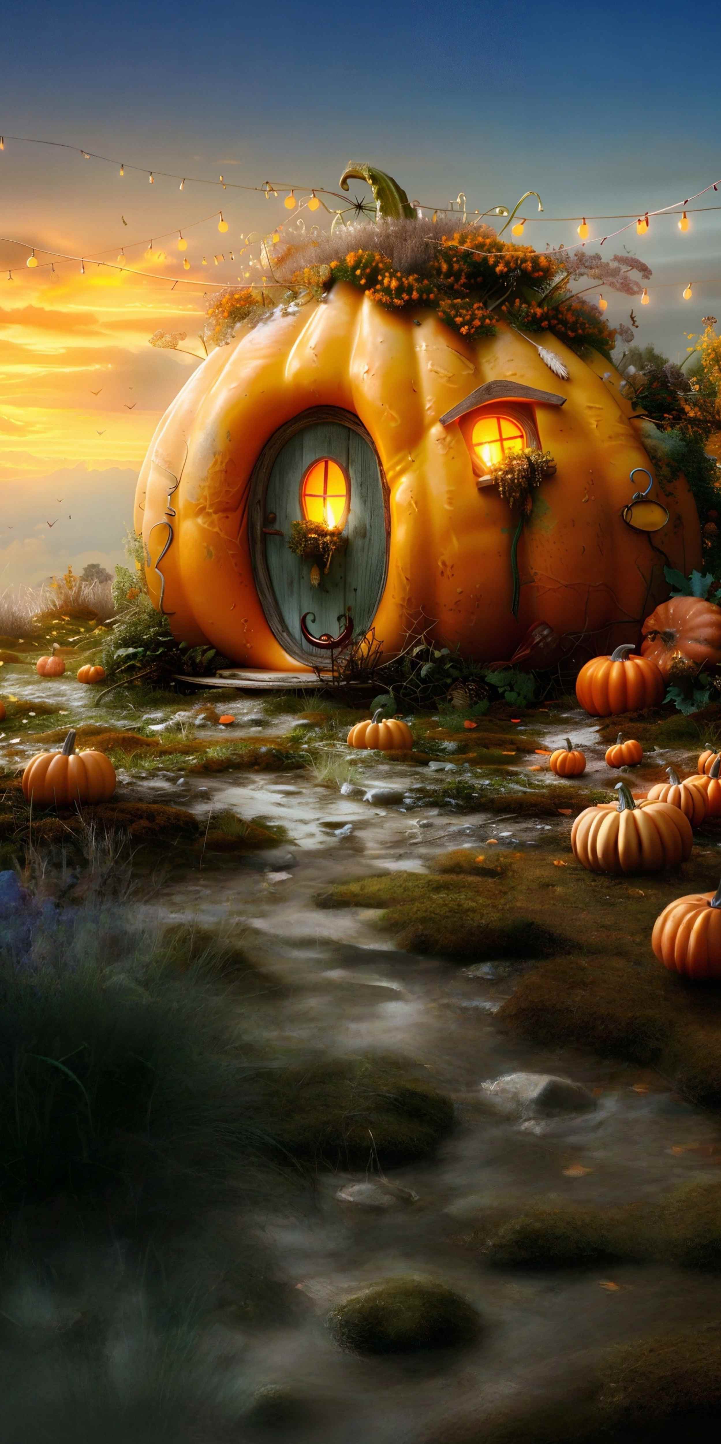 Autumn Photo Backdrop Whimsical Pumpkin Cottage Path Sweep Backdrop MRR8-88