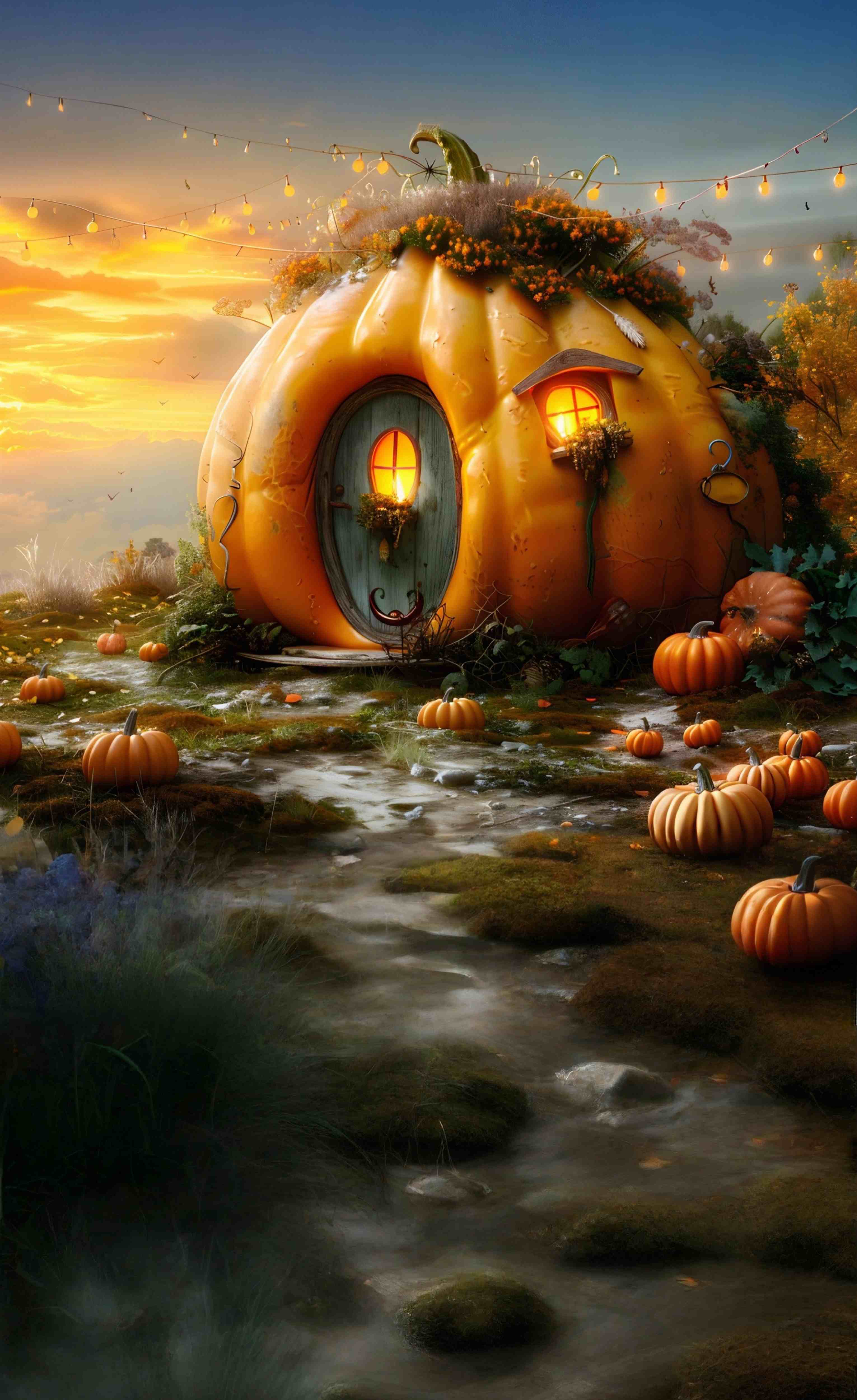 Autumn Photo Backdrop Whimsical Pumpkin Cottage Path Sweep Backdrop MRR8-88