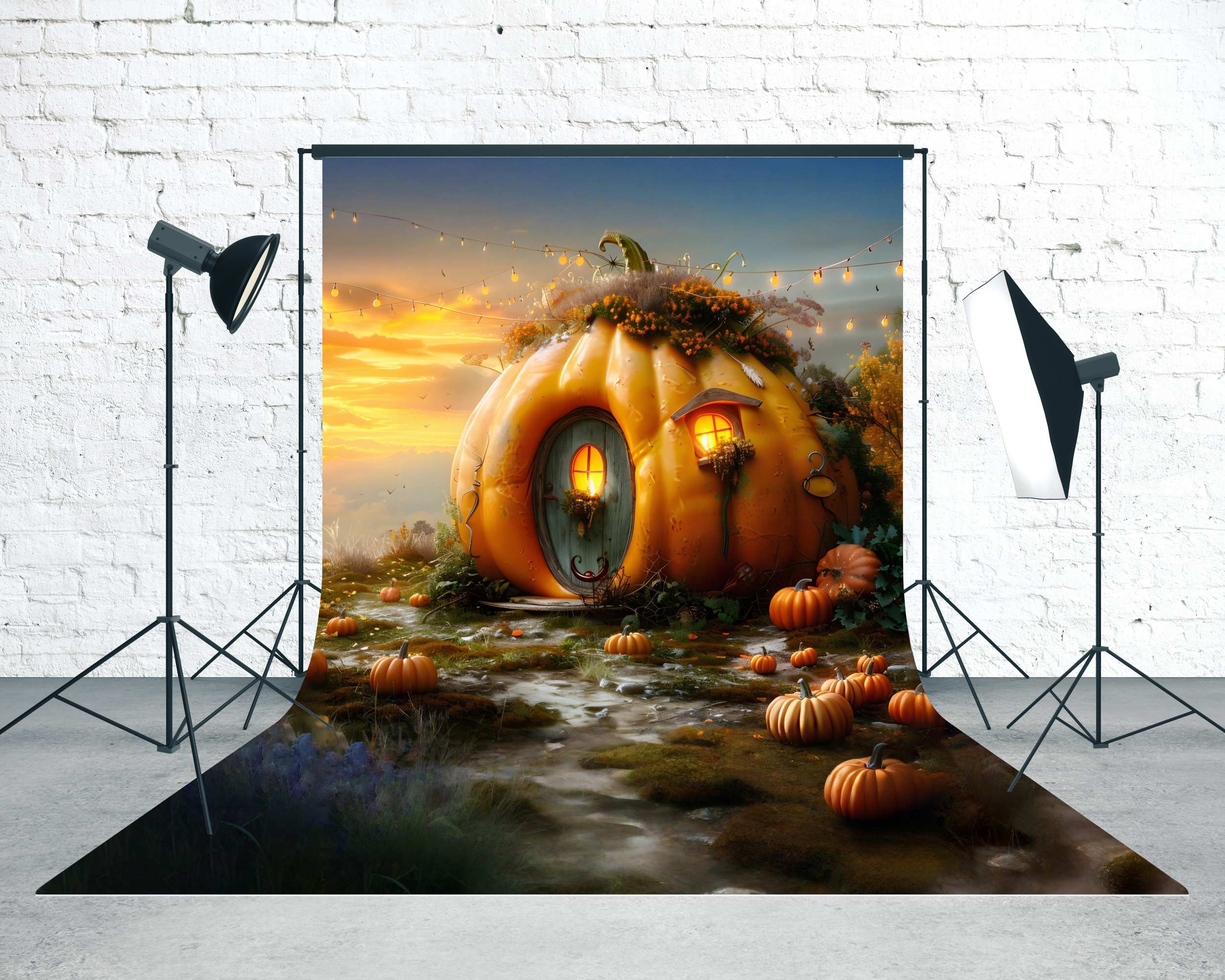 Autumn Photo Backdrop Whimsical Pumpkin Cottage Path Sweep Backdrop MRR8-88