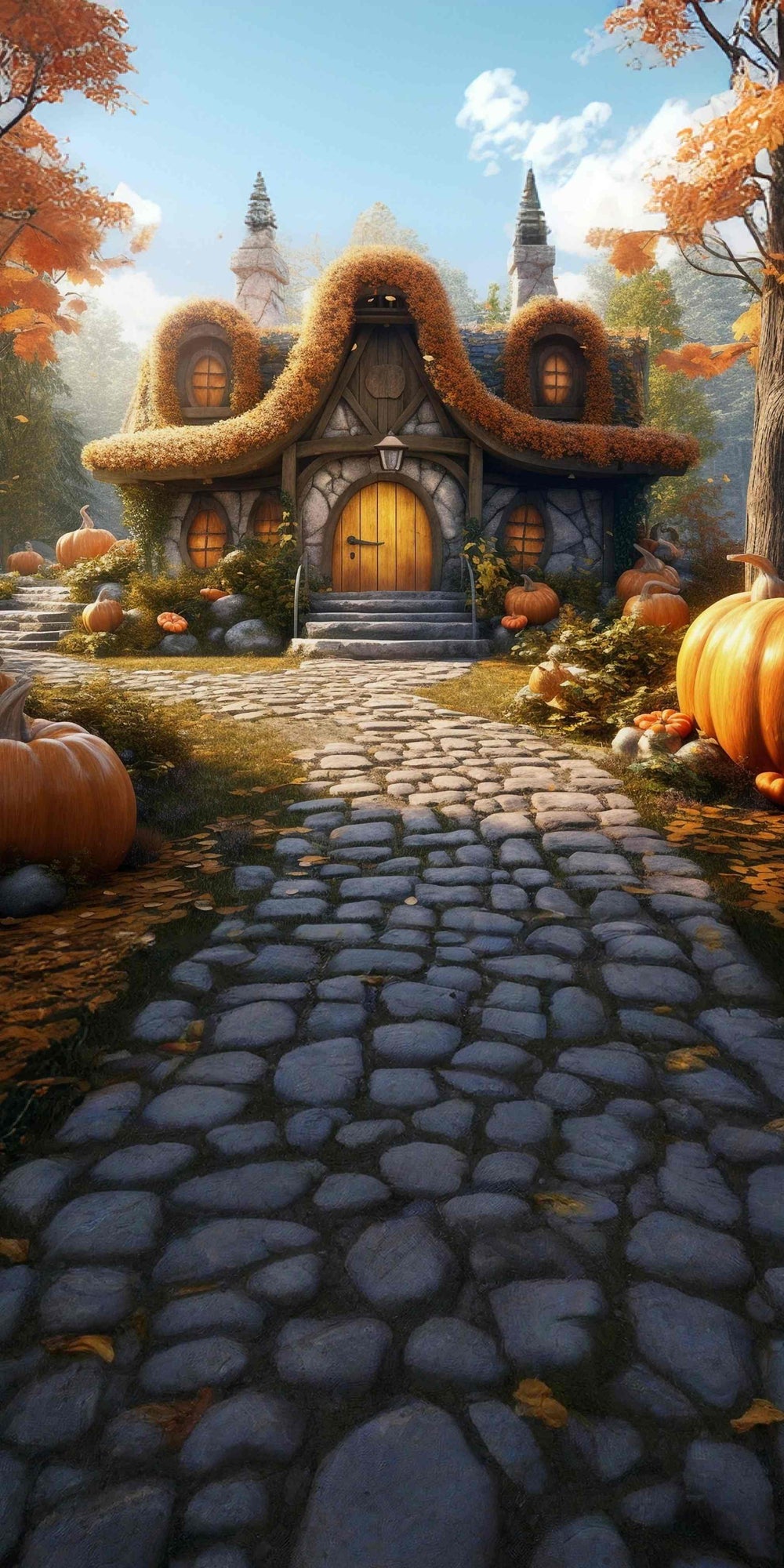 Fall Photo Backdrop Pumpkin Cottage Pathway Sweep Backdrop MRR8-91