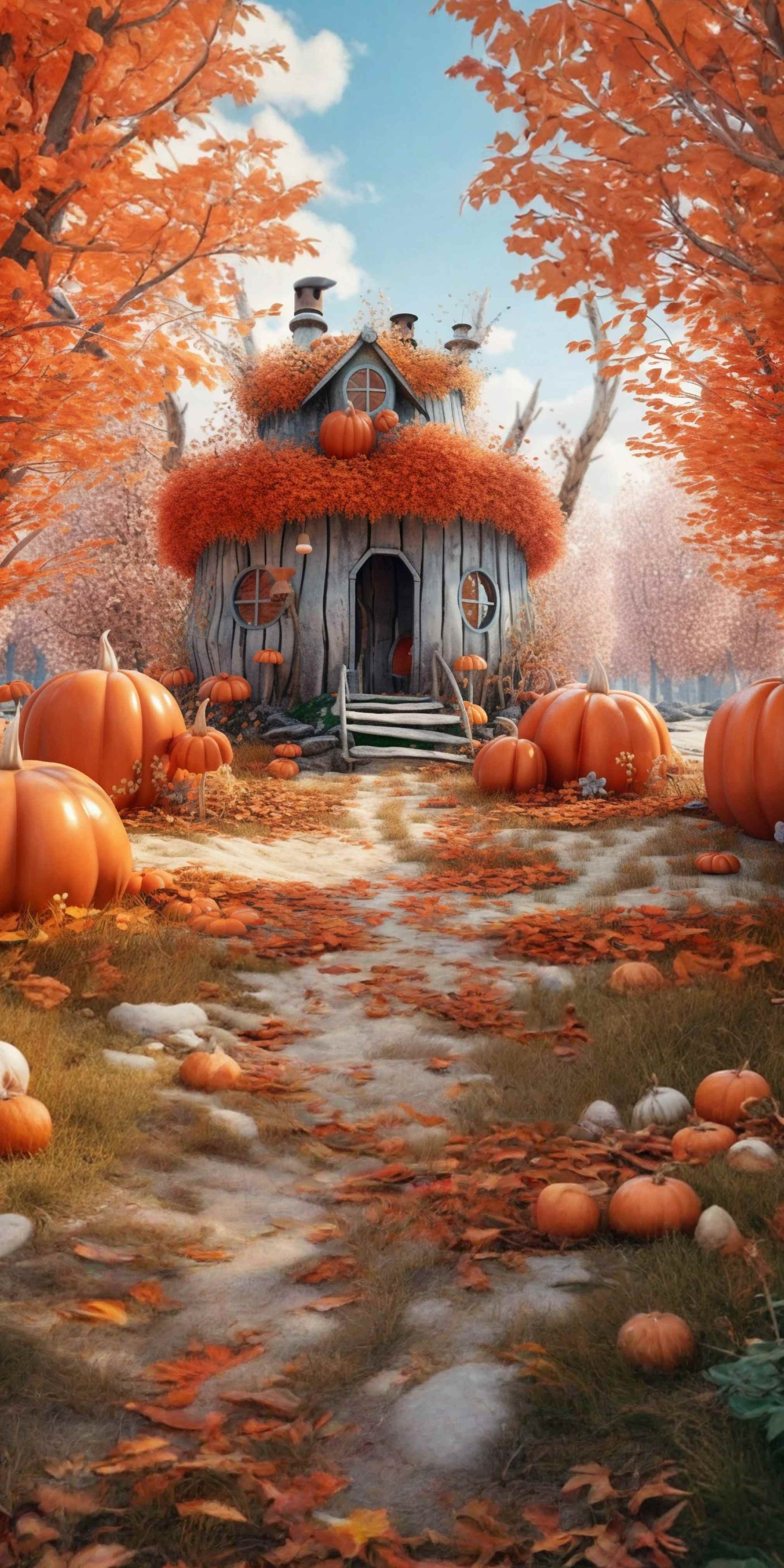 Autumn Backdrop Whimsical Pumpkin House Lane Sweep Backdrop MRR8-93