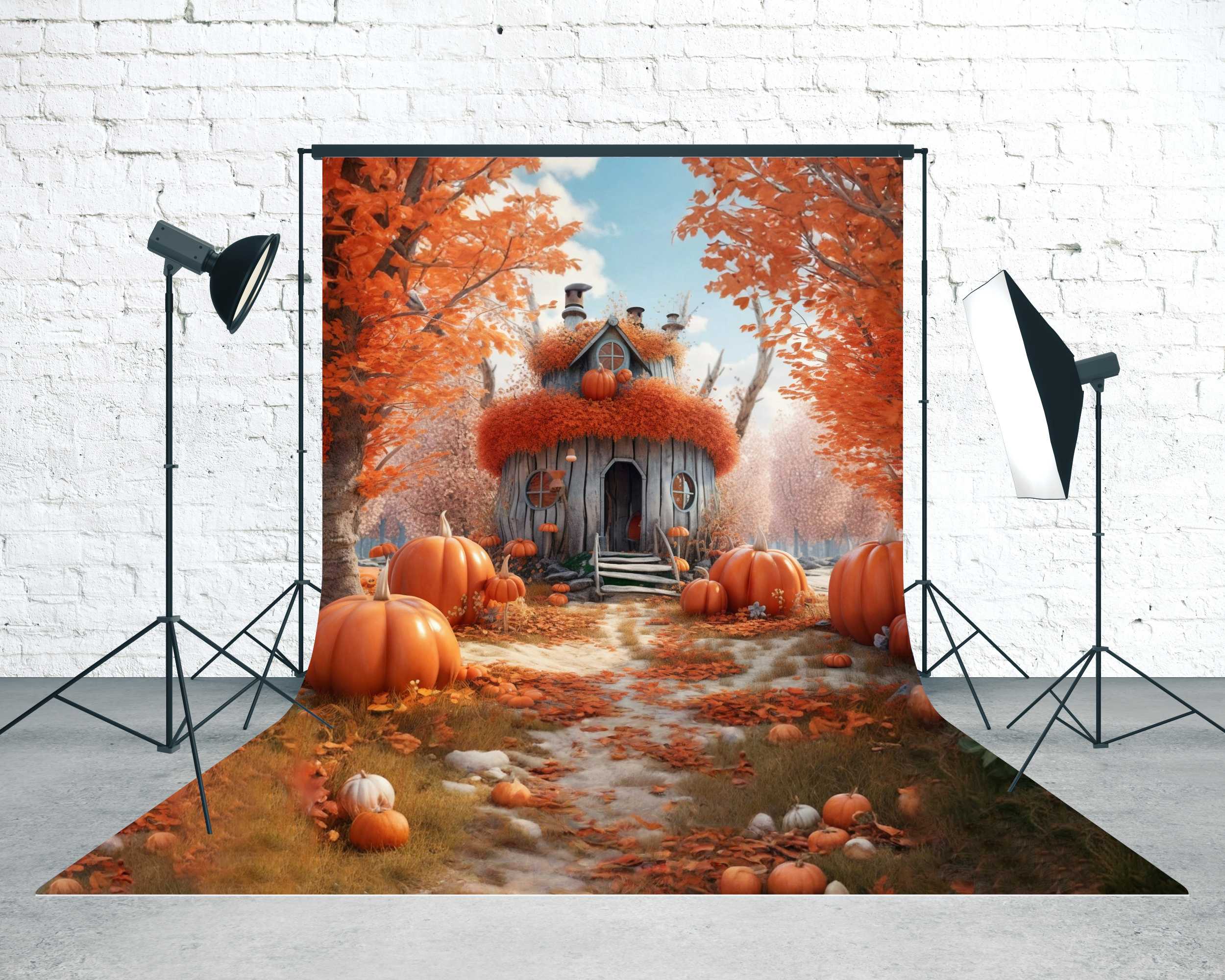 Autumn Backdrop Whimsical Pumpkin House Lane Sweep Backdrop MRR8-93