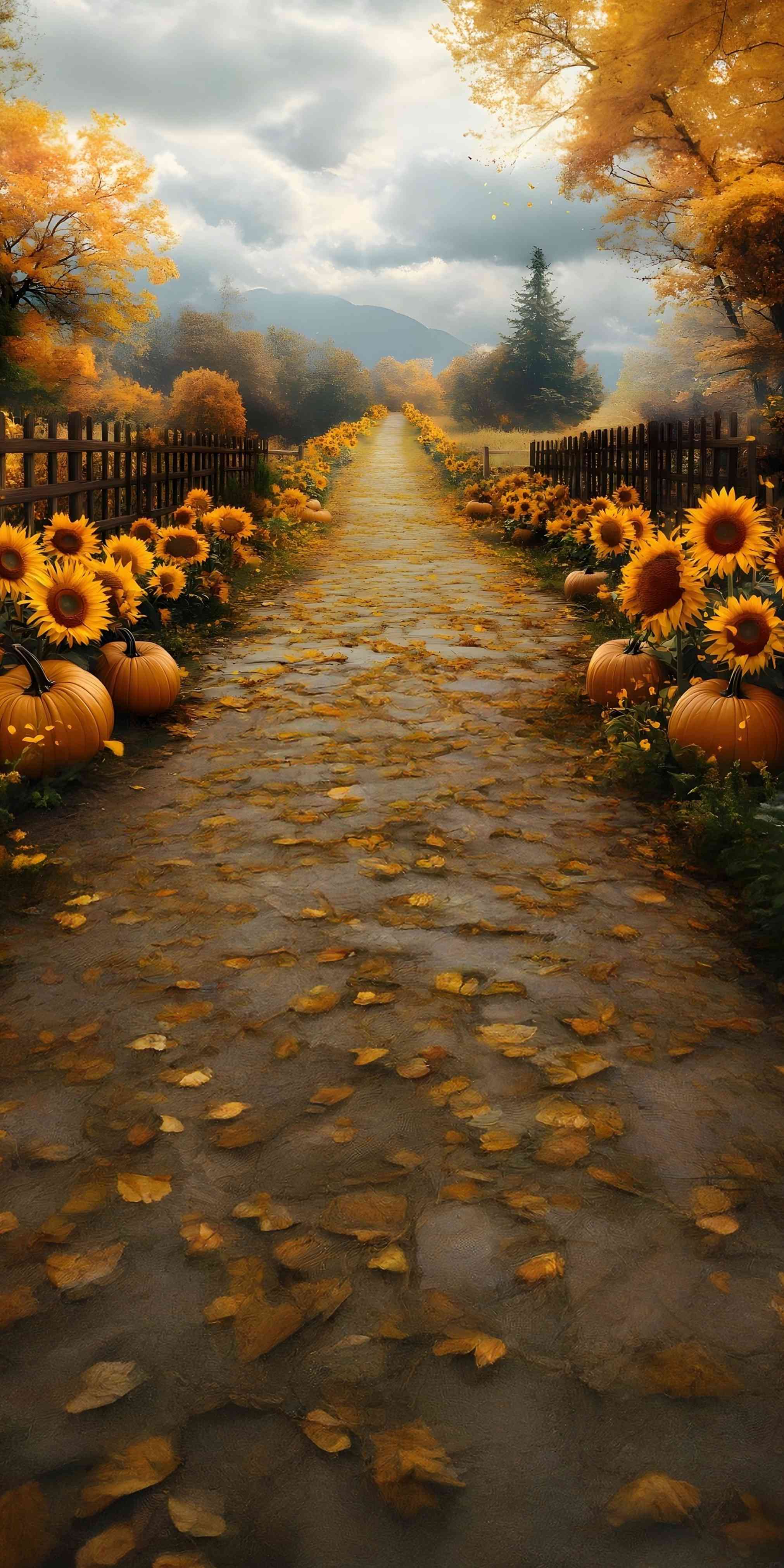 Fall Backdrops for Photography Golden Pumpkin Sunflower Path Sweep Backdrop MRR8-95