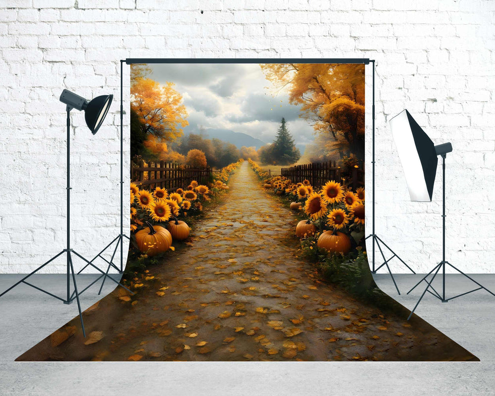 Fall Backdrops for Photography Golden Pumpkin Sunflower Path Sweep Bac