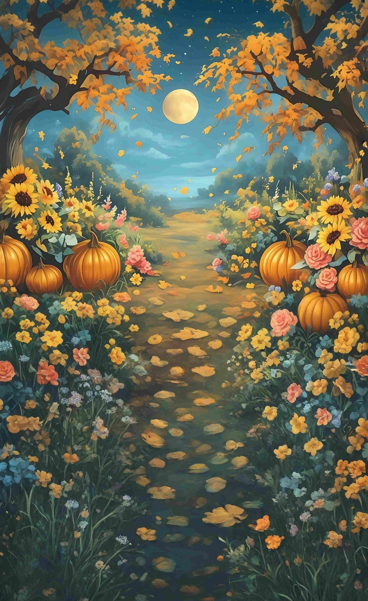 Fall Photo Backdrop Moonlight Pumpkin Garden Path Sweep Backdrop MRR8-
