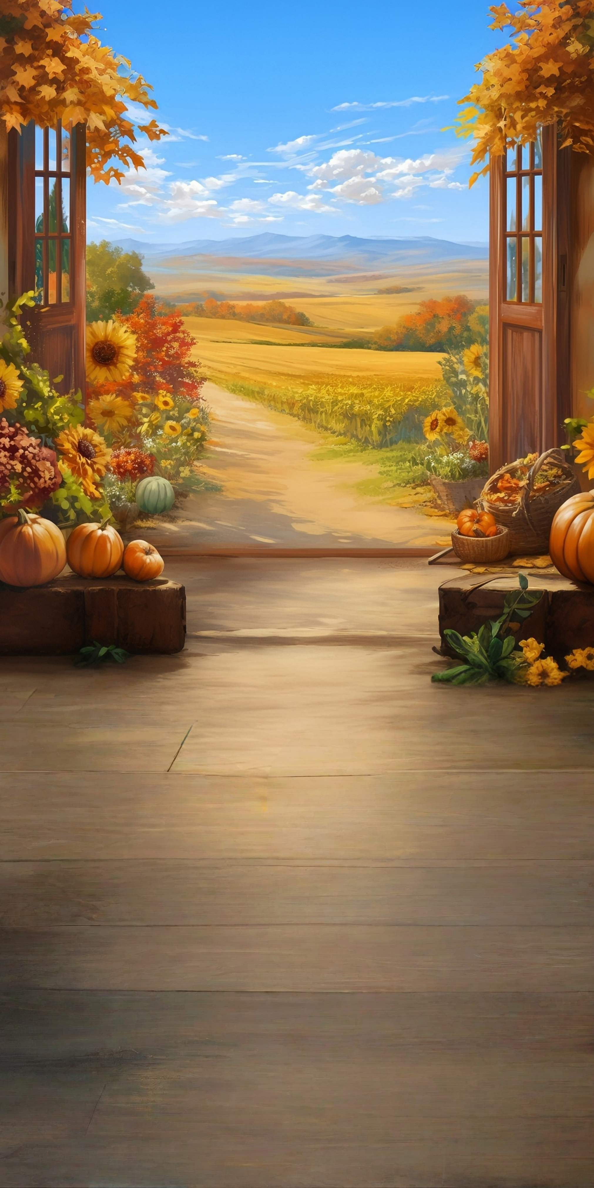 Fall Leaves Backdrop Autumn Window View Farm Trail Sweep Backdrop MRR8-98