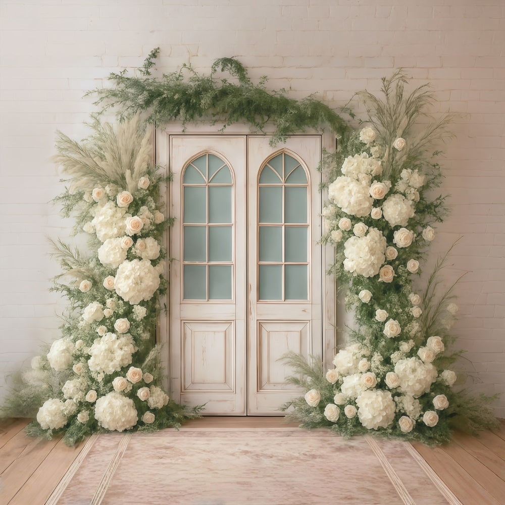 Spring Floral Backdrop White Roses Vintage Door Flowers Spring Backdrop MRR9-1