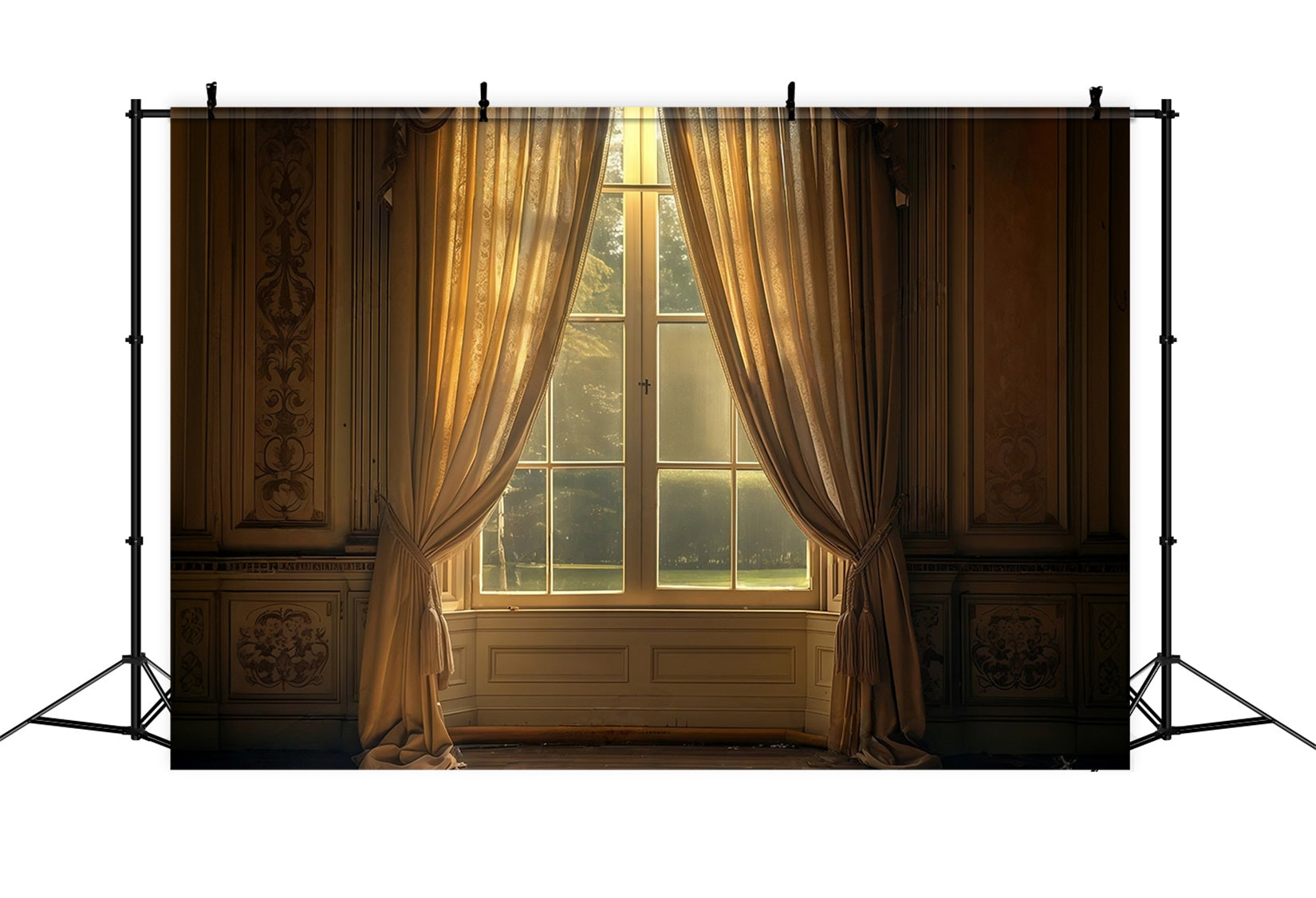 Vintage Backdrop Golden Drapes Framing Sunlit Window Antique Backdrop MRR9-103