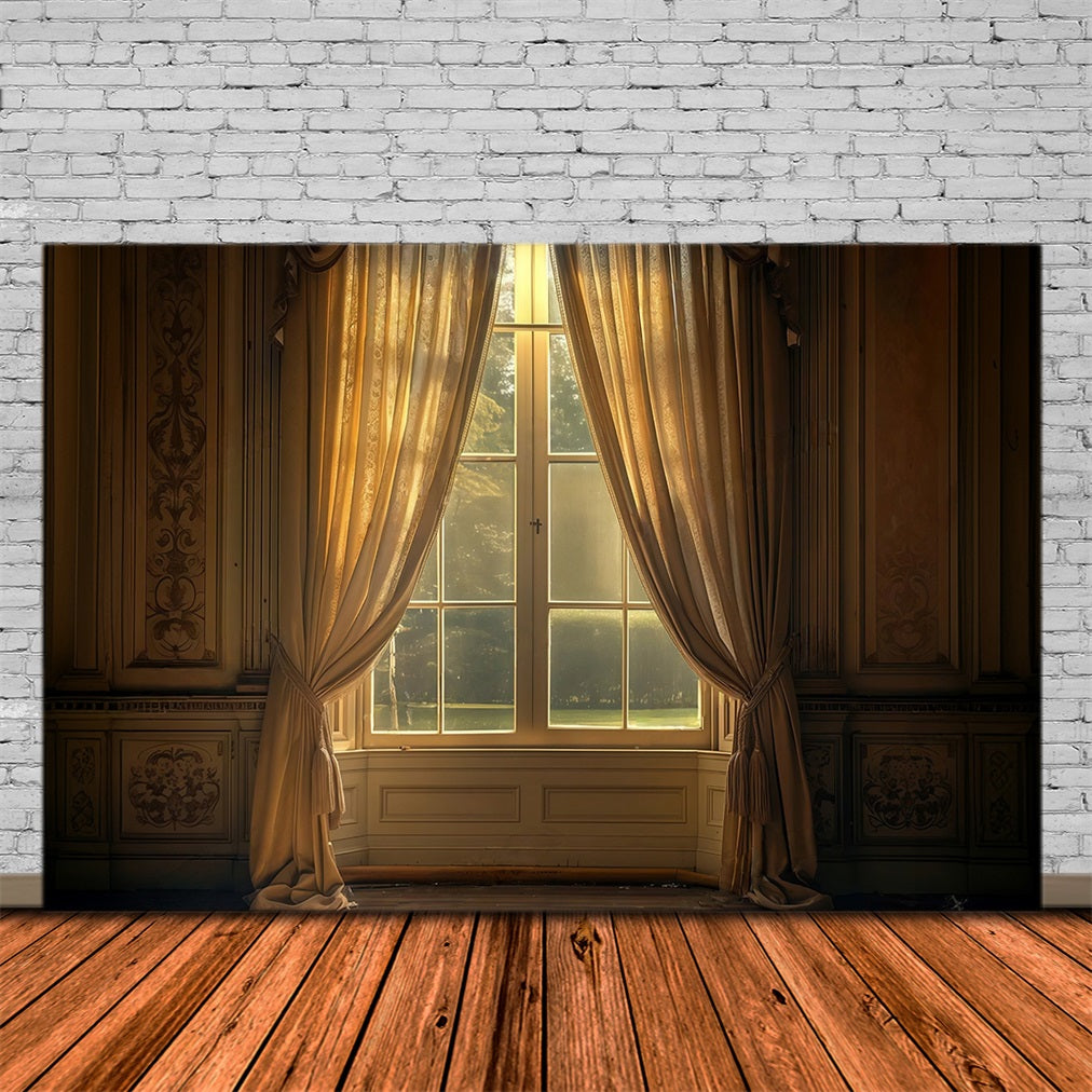 Vintage Backdrop Golden Drapes Framing Sunlit Window Antique Backdrop MRR9-103