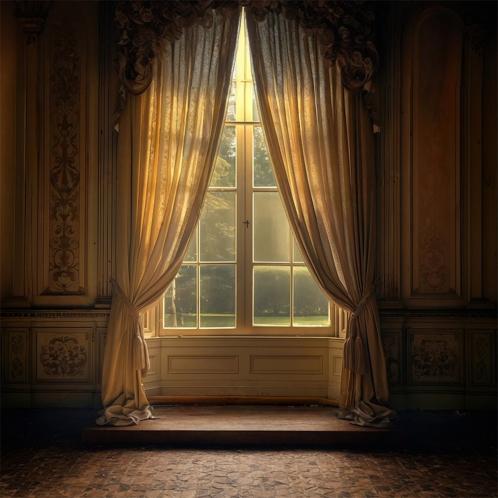Vintage Backdrop Golden Drapes Framing Sunlit Window Antique Backdrop MRR9-103