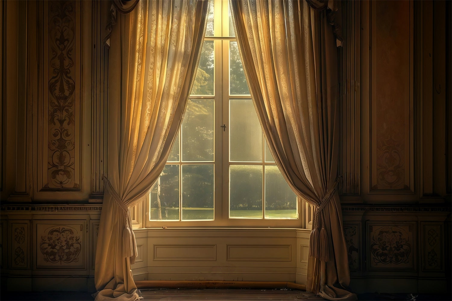 Vintage Backdrop Golden Drapes Framing Sunlit Window Antique Backdrop MRR9-103
