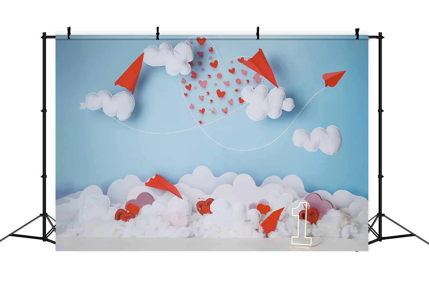 Valentine's Day Backdrop Paper Planes Clouds Heart Trail Valentine Backdrop MRR9-104