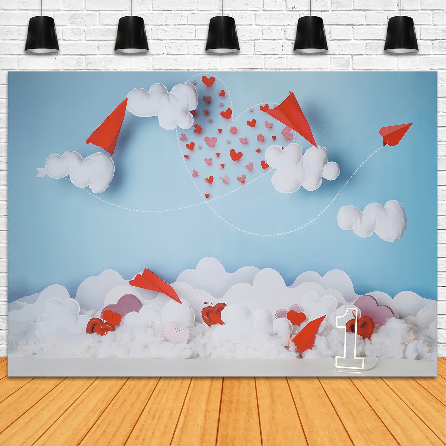Valentine's Day Backdrop Paper Planes Clouds Heart Trail Valentine Backdrop MRR9-104