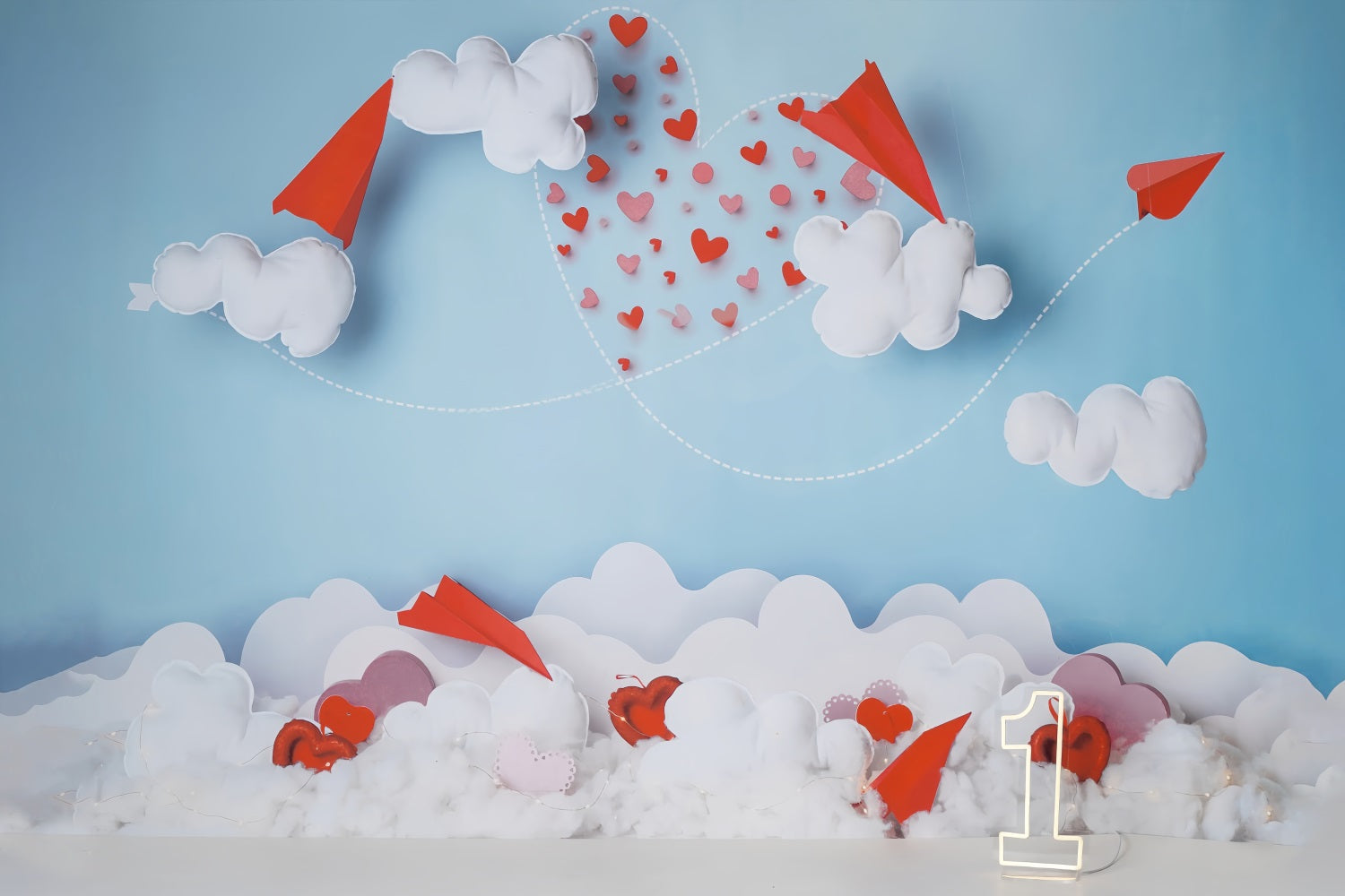 Valentine's Day Backdrop Paper Planes Clouds Heart Trail Valentine Backdrop MRR9-104