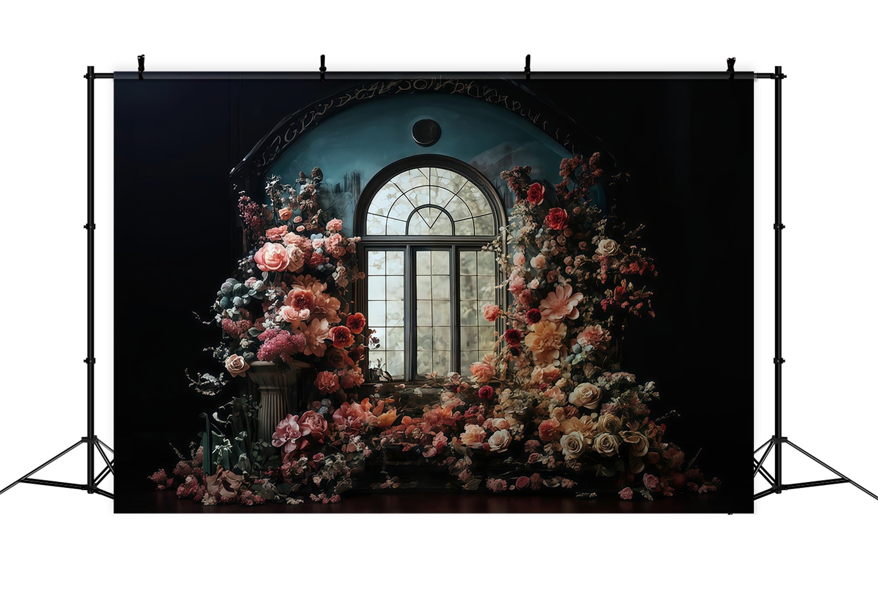 Floral Backdrop Arched Window Surrounded Flowers Vintage Photo Backdrop MRR9-106