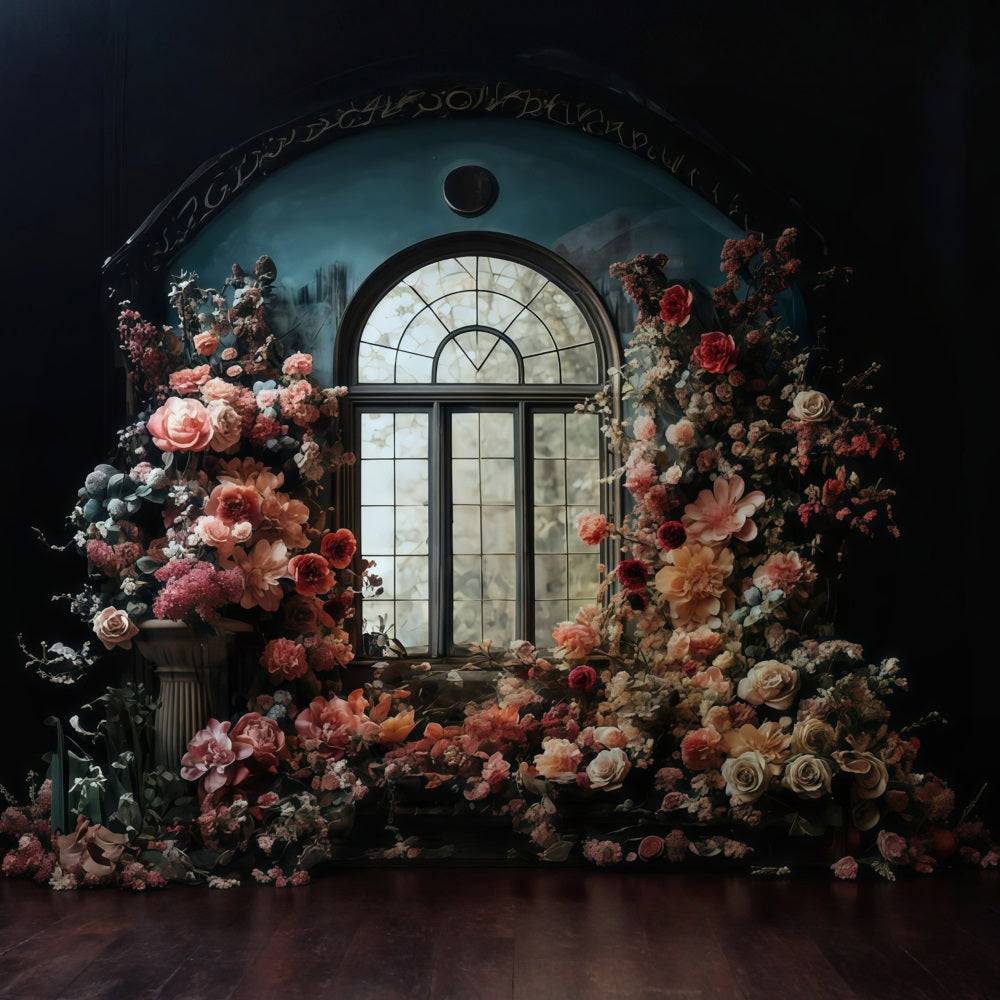 Floral Backdrop Arched Window Surrounded Flowers Vintage Photo Backdrop MRR9-106