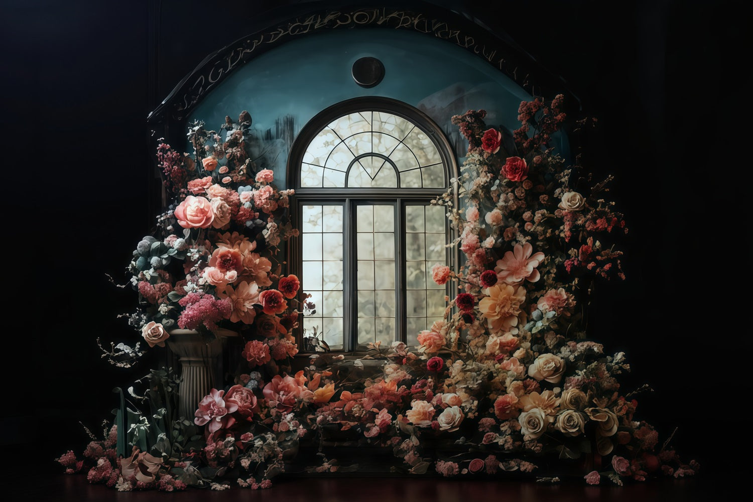 Floral Backdrop Arched Window Surrounded Flowers Vintage Photo Backdrop MRR9-106