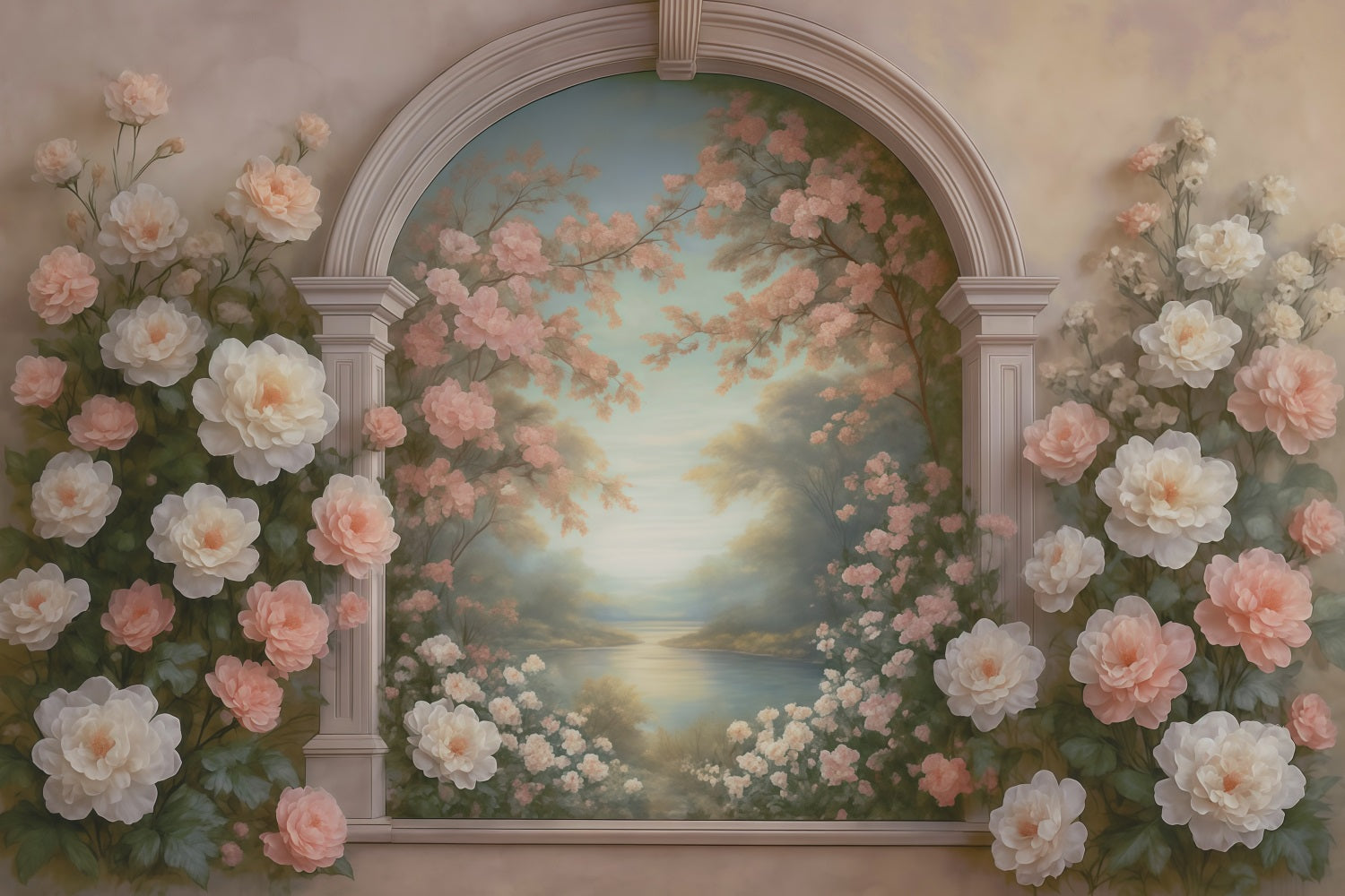 Vintage Wall Backdrop Pastel Floral Archway Lake Antique Backdrop MRR9-107