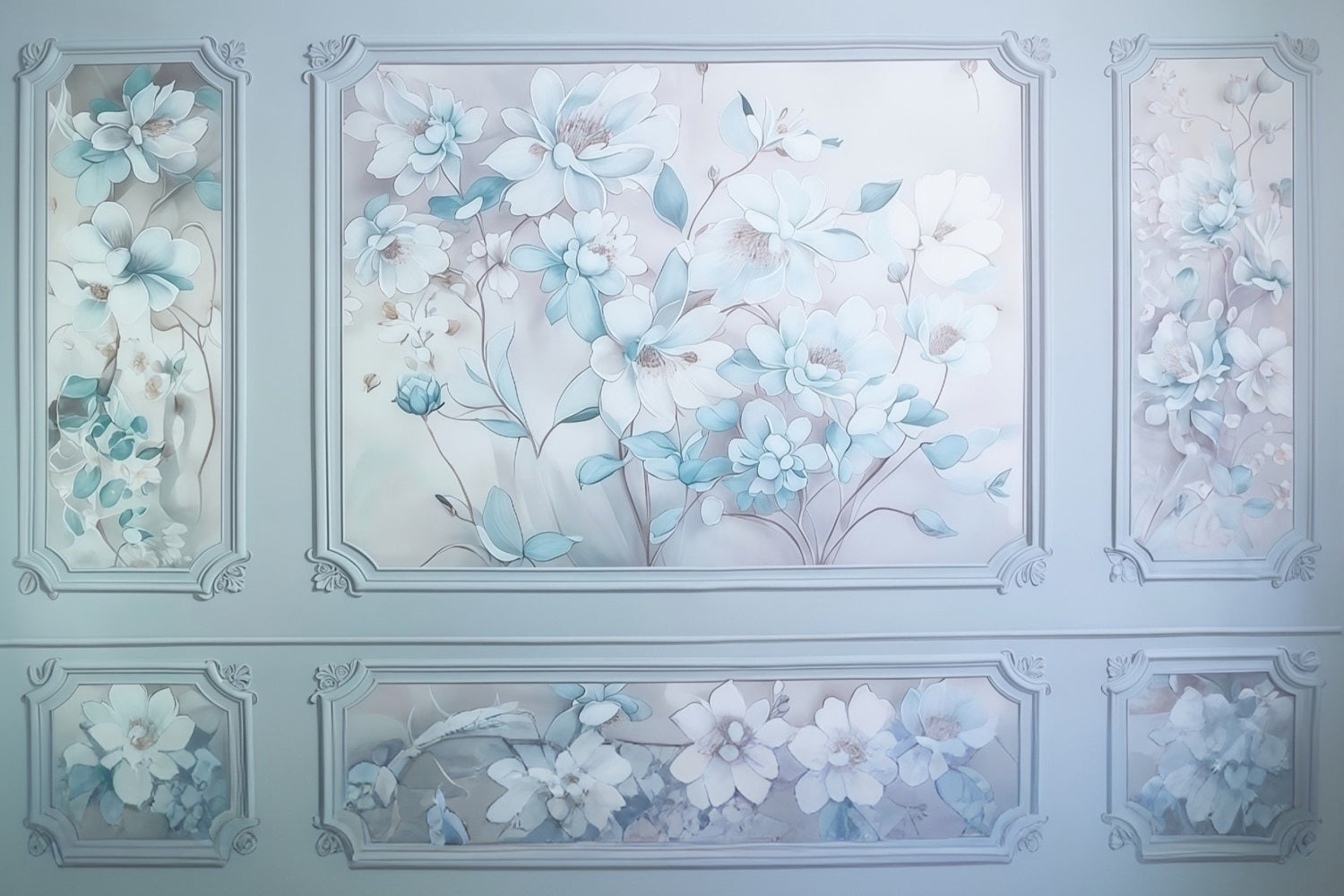 Flower Wall Backdrop Blue White Floral Wall Panels Vintage Backdrop MRR9-110
