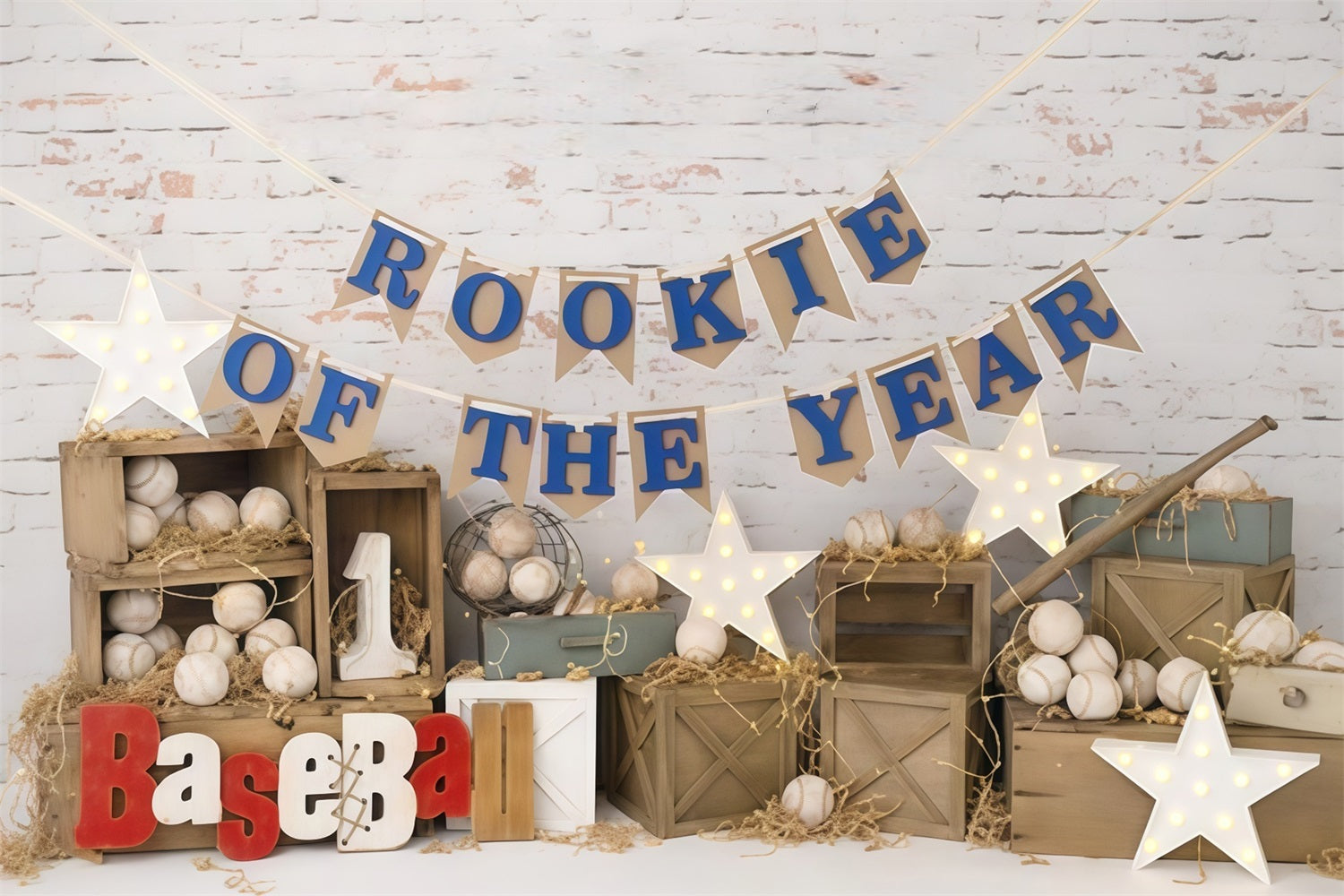 1st Birthday Backdrop Baseball Rookie Celebration Cake Smash Backdrop MRR9-117