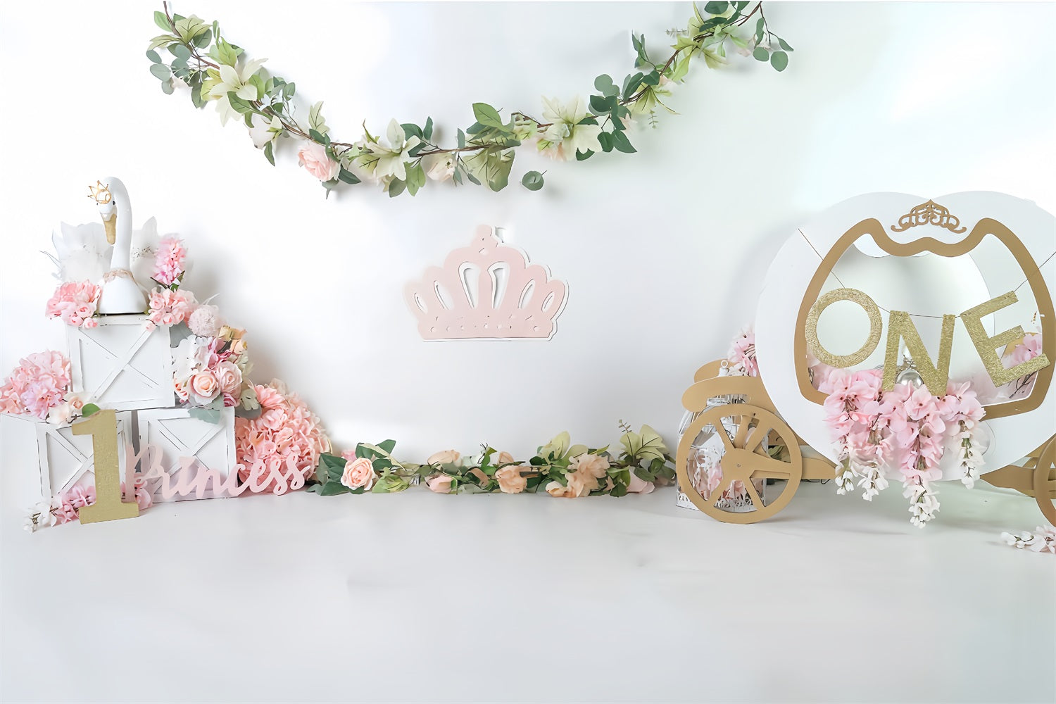 Cake Smash Backdrop Princess Swan Carriage 1st Birthday Backdrop MRR9-119