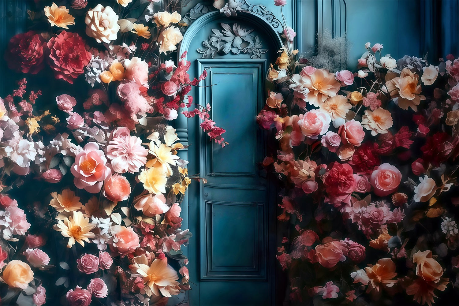 Flower Photo Backdrop Blue Door Blooming Flowers Floral Backdrop MRR9-123