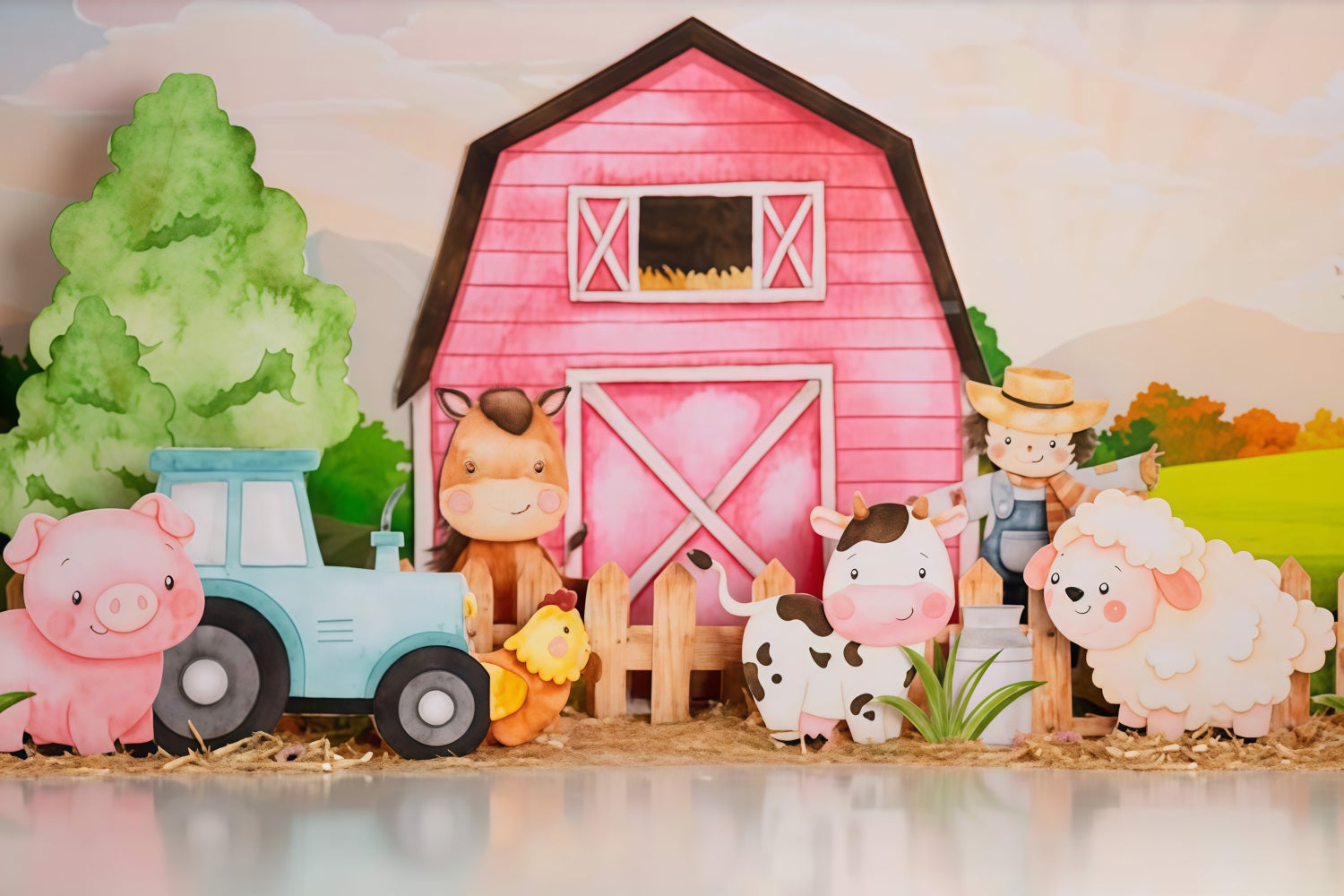 Kids Photo Backdrop Cartoon Farm Animals Barn Newborn Backdrop MRR9-125