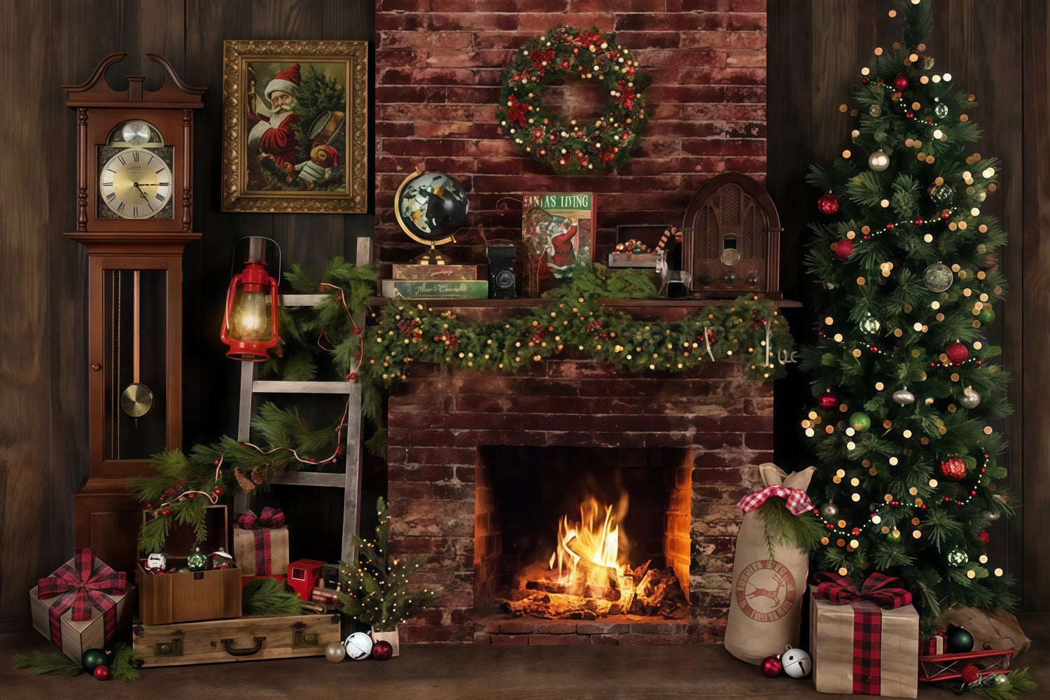 Christmas Fireplace Backdrop Rustic Fireplace Decor Christmas Photo Backdrop MRR9-129