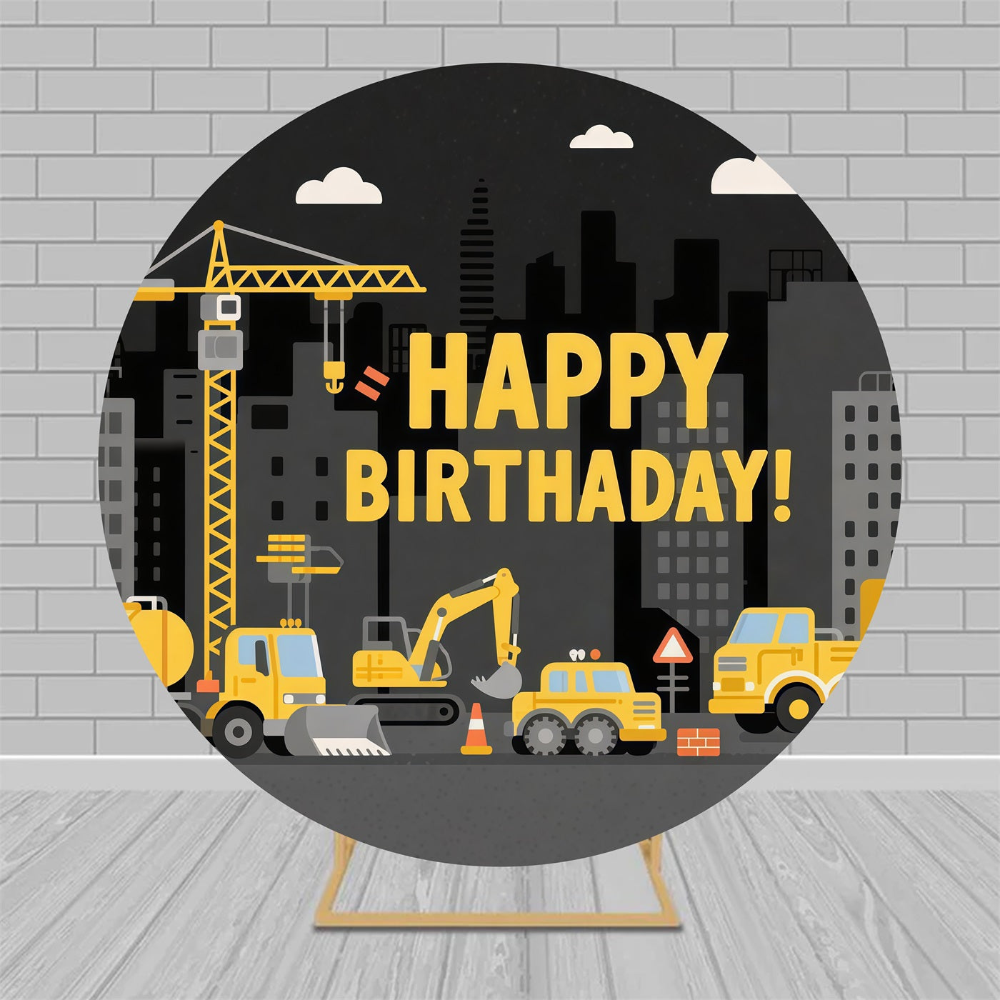 Round Backdrop Kit Construction Trucks City Happy Birthday Backdrop MRR9-135