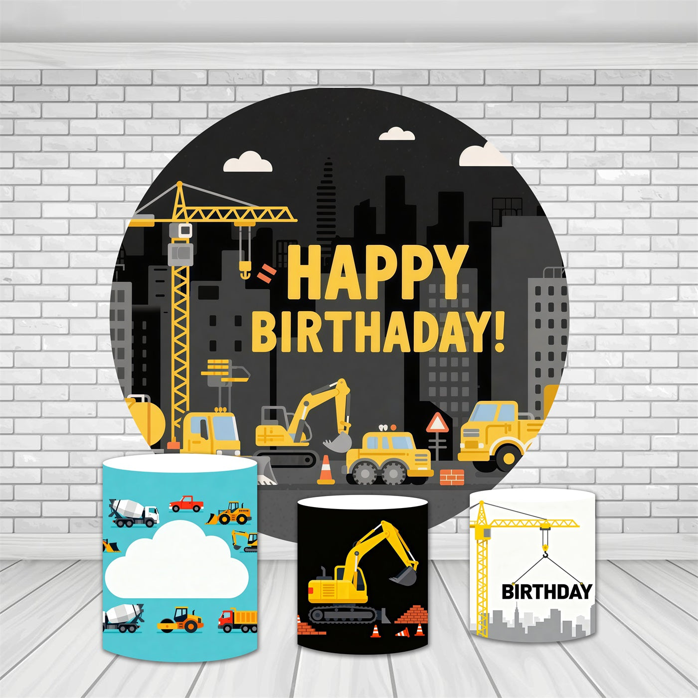 Round Backdrop Kit Construction Trucks City Happy Birthday Backdrop MRR9-135