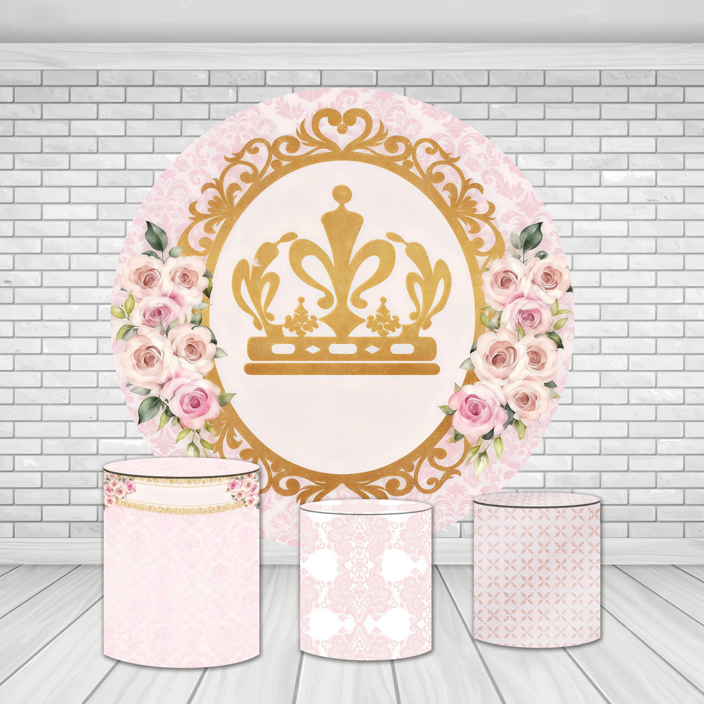 Round Backdrop Kit Pink Floral Princess Crown Birthday Backdrops MRR9-137