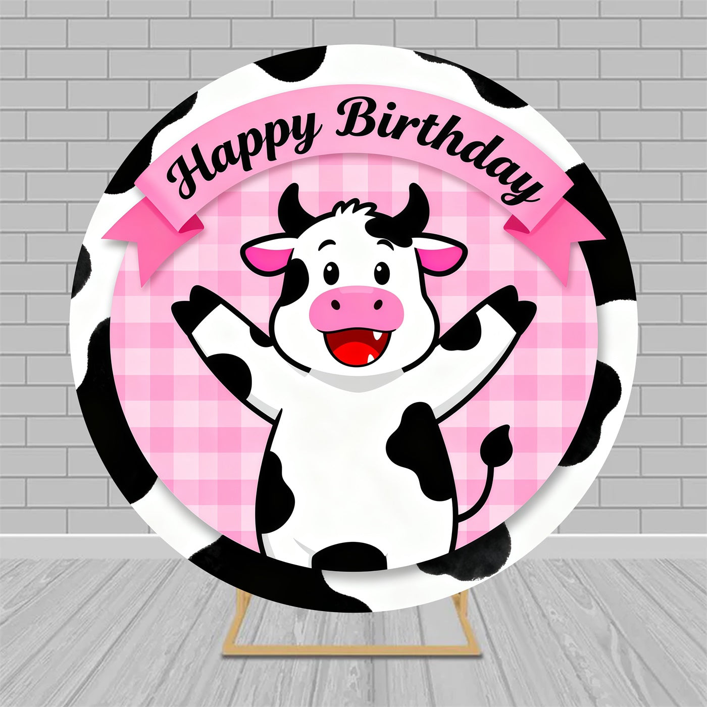Circle Backdrop Kit Cute Cartoon Pink Cow Happy Birthday Backdrop MRR9-138
