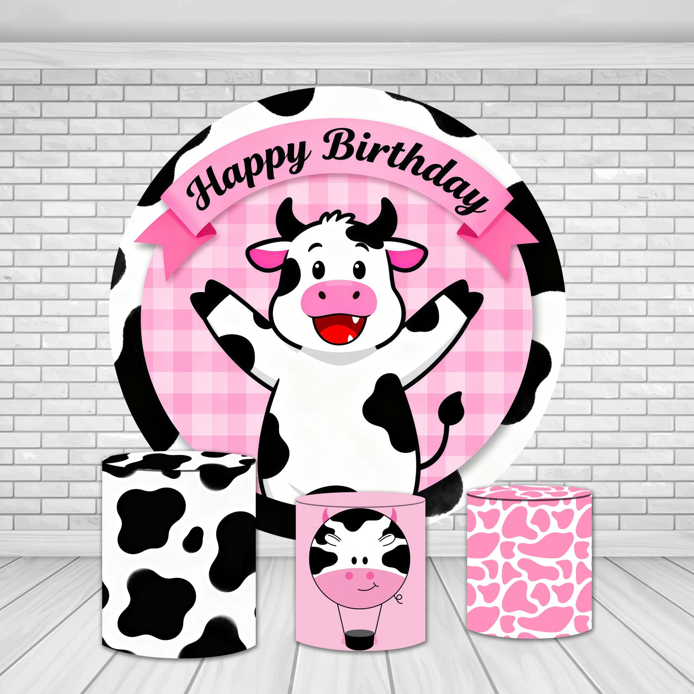 Circle Backdrop Kit Cute Cartoon Pink Cow Happy Birthday Backdrop MRR9-138