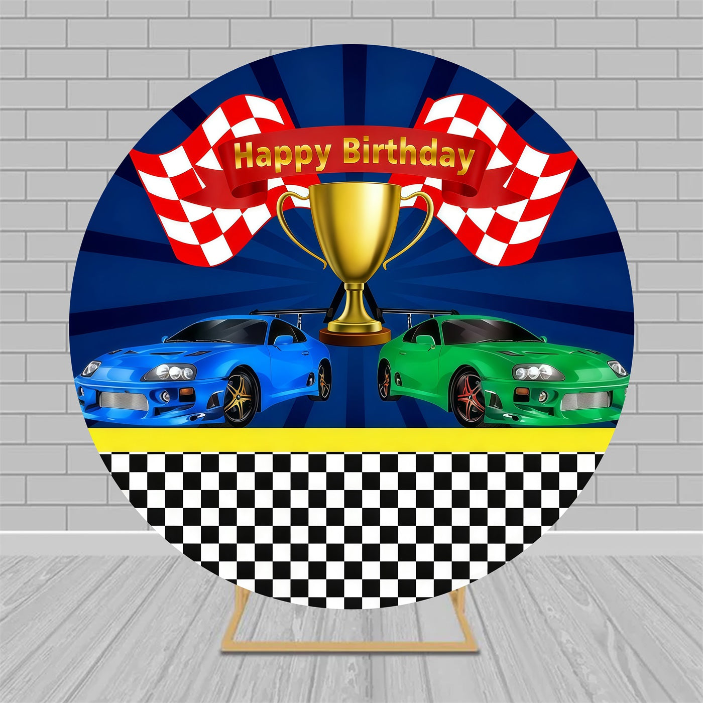 Round Backdrop Kit Racing Cars Trophy Celebration Happy Birthday Backdrop MRR9-139