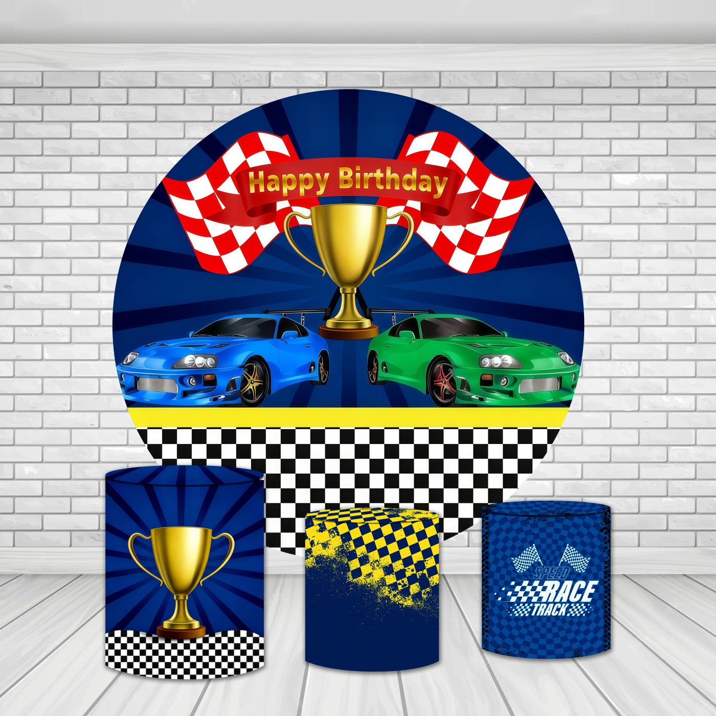 Round Backdrop Kit Racing Cars Trophy Celebration Happy Birthday Backd