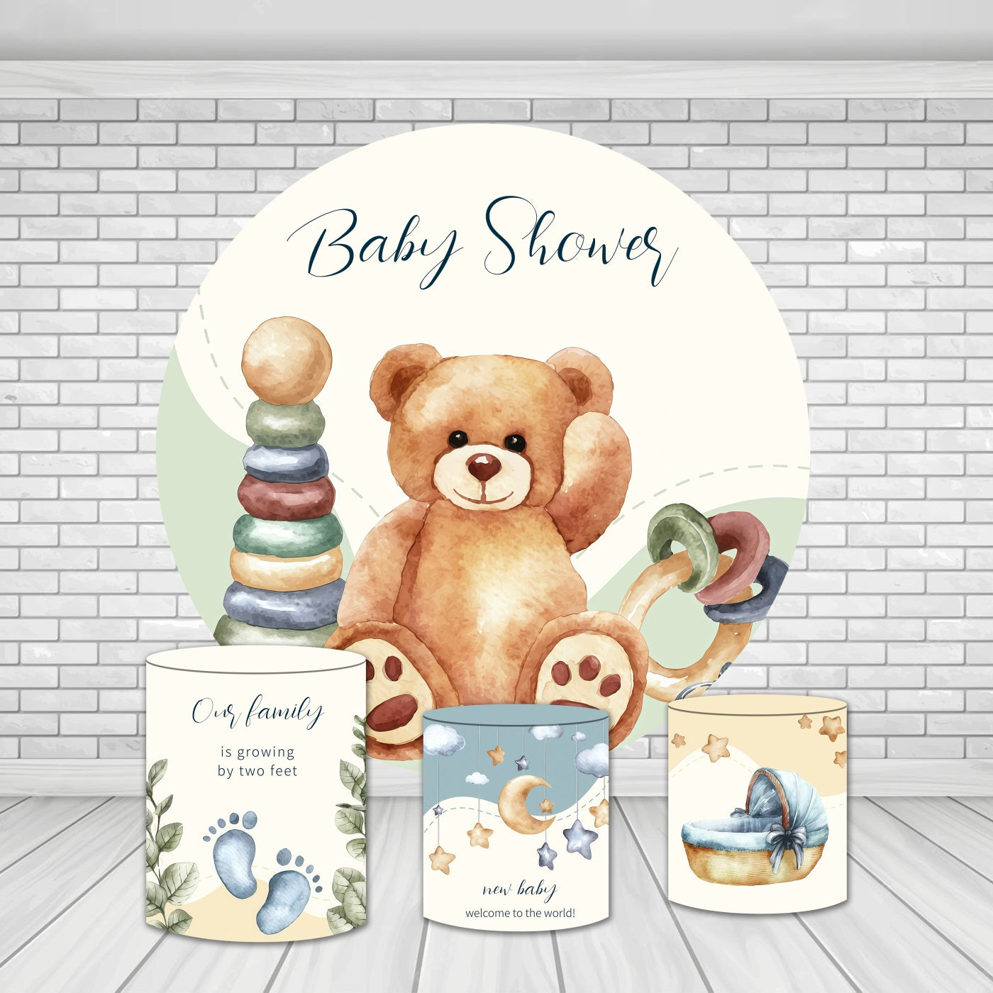 Round Backdrop Kit Watercolor Teddy Bear Baby Shower Backdrop MRR9-142
