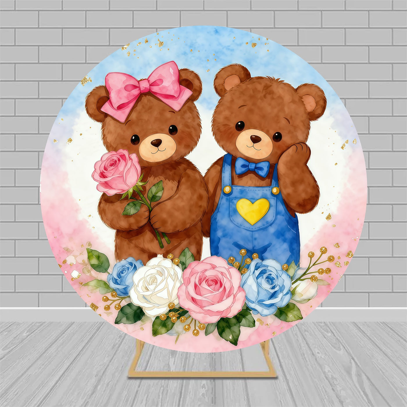 Round Backdrop Kit Adorable Teddy Bears Roses Baby Shower Backdrop MRR9-144