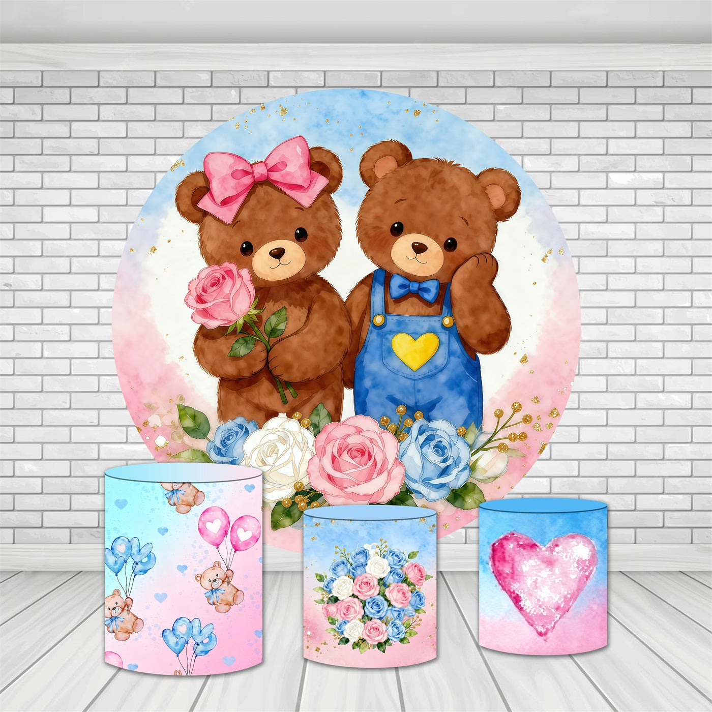 Round Backdrop Kit Adorable Teddy Bears Roses Baby Shower Backdrop MRR9-144