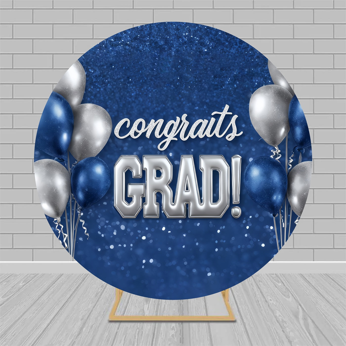 Round Backdrop Kit Glitter Blue Silver Balloons Graduation Backdrops MRR9-147