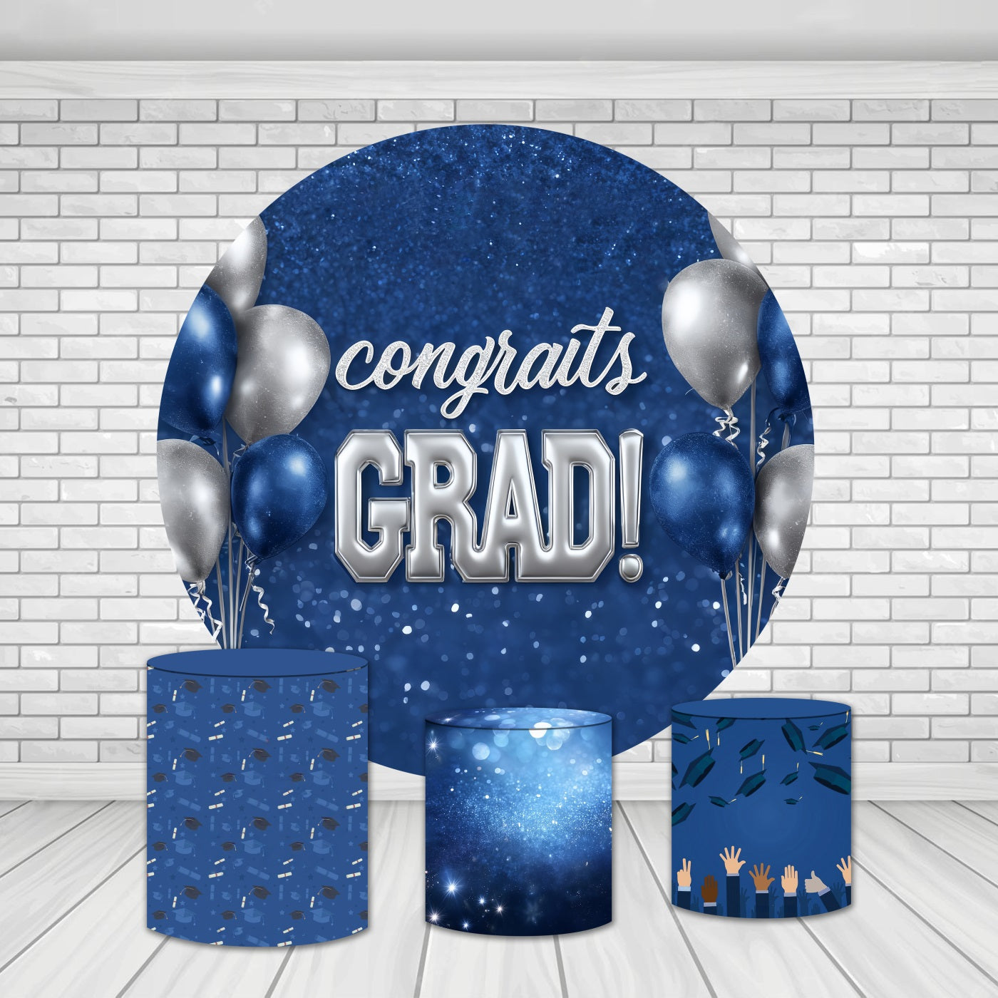 Round Backdrop Kit Glitter Blue Silver Balloons Graduation Backdrops MRR9-147