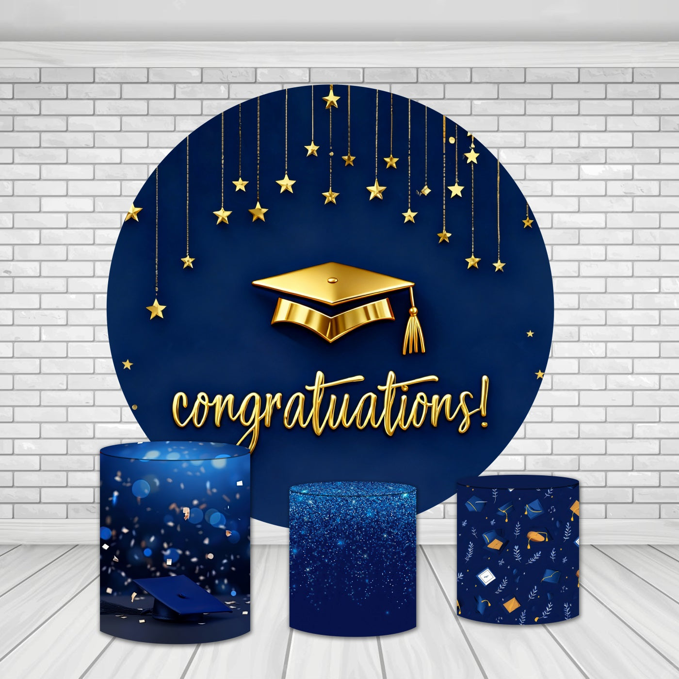 Round Backdrop Kit Elegant Gold Stars Blue Graduation Party Backdrop MRR9-149
